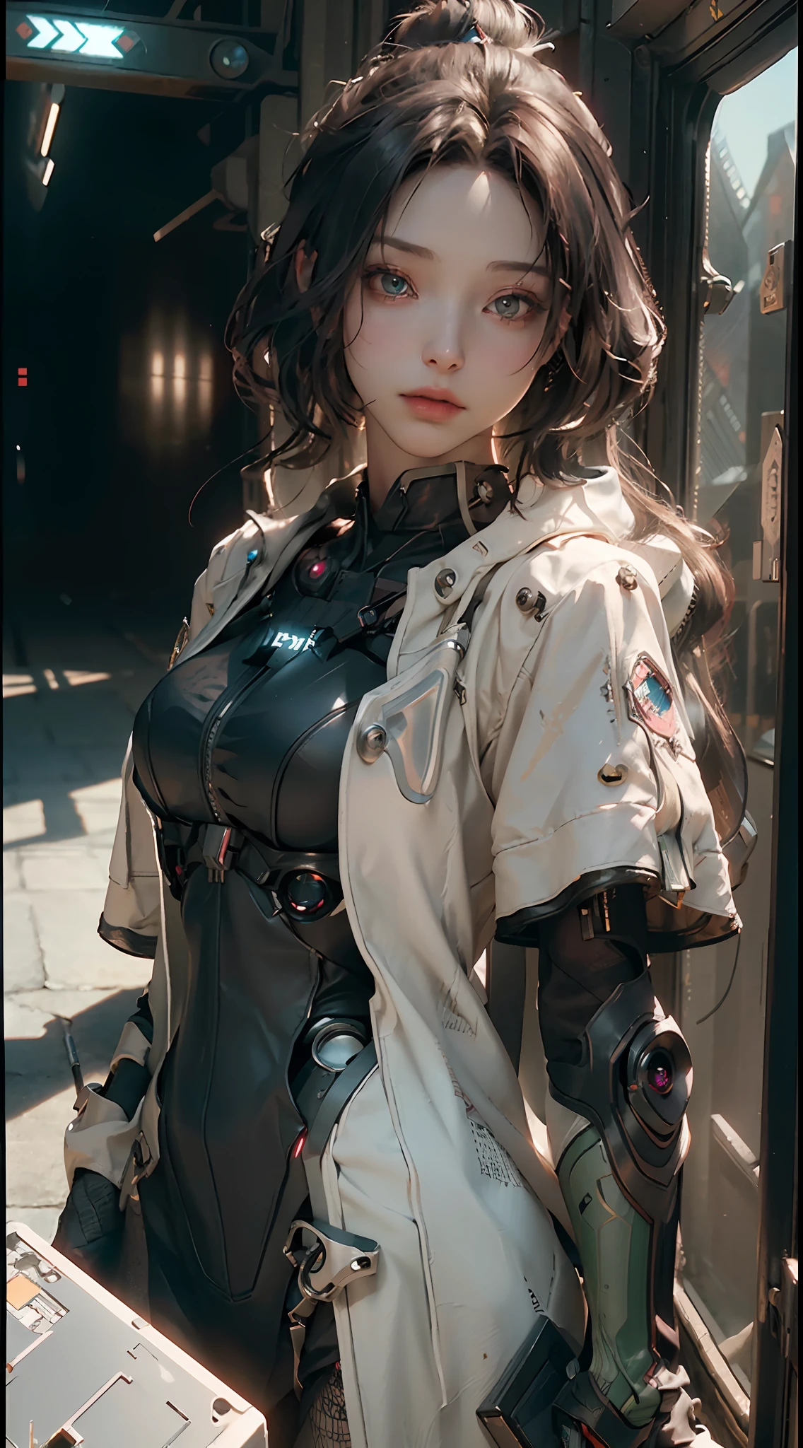((Best quality)), ((masterpiece)), (detailed:1.4), 3D, an image of a beautiful cyberpunk female,HDR (High Dynamic Range),Ray Tracing,NVIDIA RTX,Super-Resolution,Unreal 5,Subsurface scattering,PBR Texturing,Post-processing,Anisotropic Filtering,Depth-of-field,Maximum clarity and sharpness,Multi-layered textures,Albedo and Specular maps,Surface shading,Accurate simulation of light-material interaction,Perfect proportions,Octane Render,Two-tone lighting,Wide aperture,Low ISO,White balance,Rule of thirds,8K RAW,