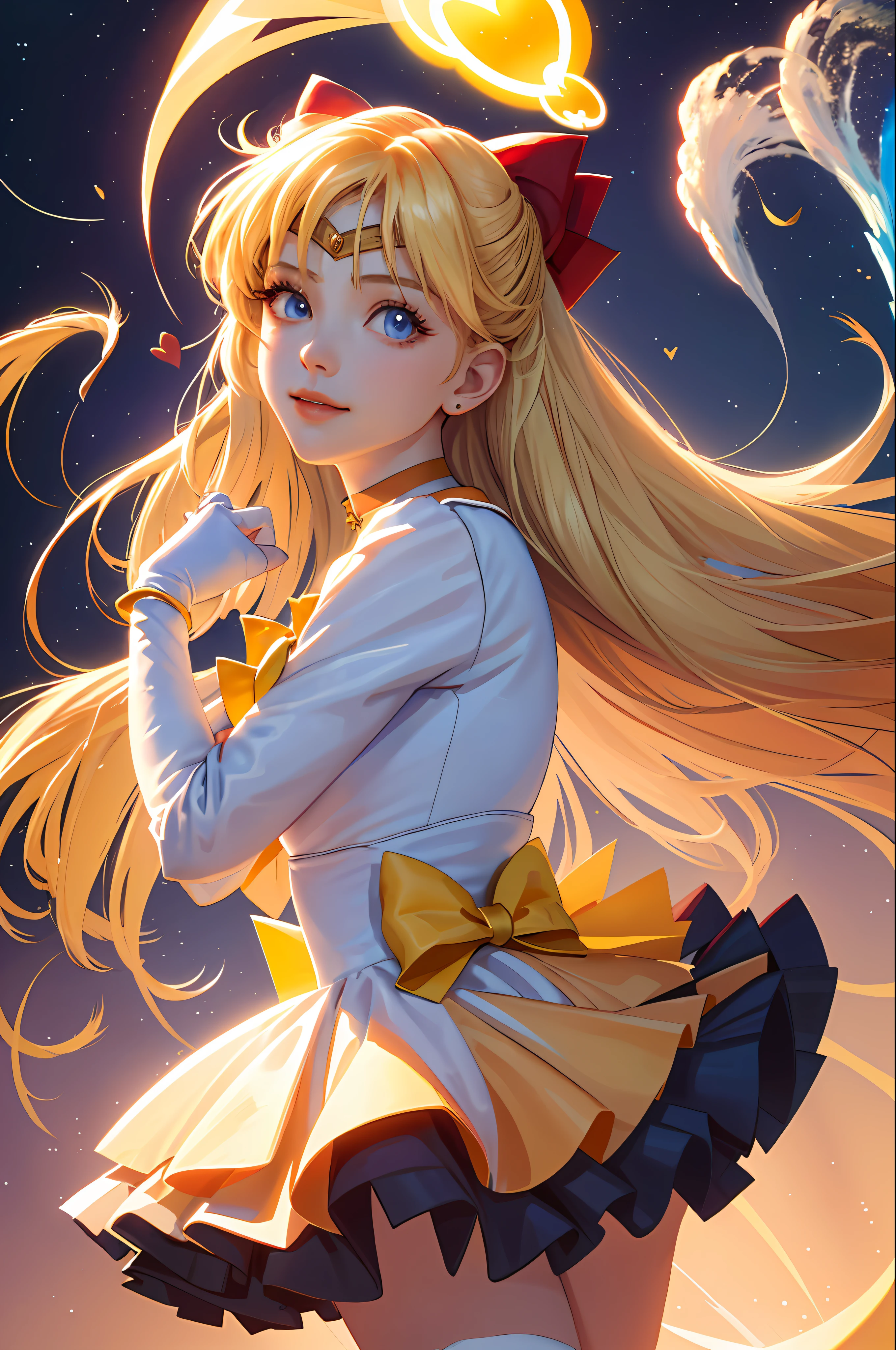 (masterpiece, best quality;1.3), extremely detailed CG, ultra detailed, 1girl, solo,  smile,  looking at viewer, stylish ungle, blonde long hair,blue eyes,
sv1, sailor senshi uniform, orange skirt, elbow gloves, tiara, orange sailor collar, red bow, orange choker, white gloves, jewelry, from above,
many hearts, face focus,Venus,tornado,abstract background, hearts storm, haert beam, heart bubbles, heart baloons, haert stars, heart flowers, HEART LIGHTS, heart world, heart background, galaxy background, heart weapon, heart aura,