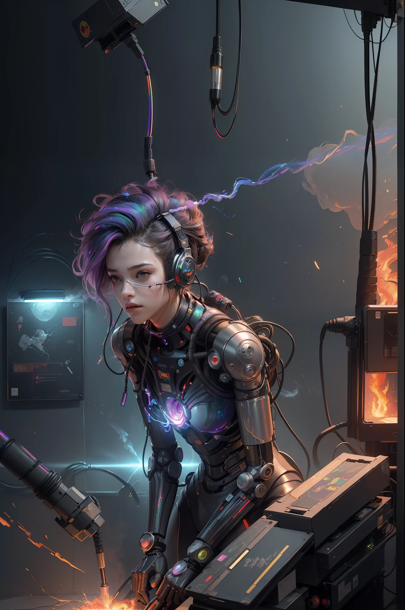 (Masterpiece, Best Quality, High Resolution, Absurd, Detailed: 1.2), Humanoid, Robot, Wearing Headphones, Looking Away, (Cyberpunk, Art Canvas, Brush, Easel, Rainbow Colors, Holographic: 1.6), Male, (Cable, Wire, Flame, Fire, Smoke, Overheating, Explosion, Indoor, Room, Simple Background)