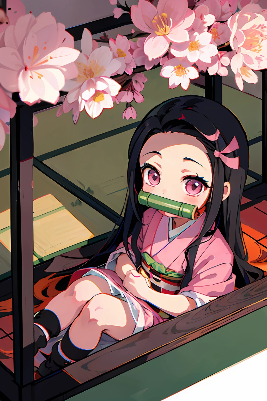 kamado nezuko, bit gag, gagged, demon slayer, nezuko, nurse, hospital, shy face, saruto, black hair, pink ribbon, nurse cap, loli, 5  girl, chibi character, 2 color hair, two-tone hair, orange hair, gradient hair color, Japan garden view, tatami mats, bonsai, cherry blossoms,