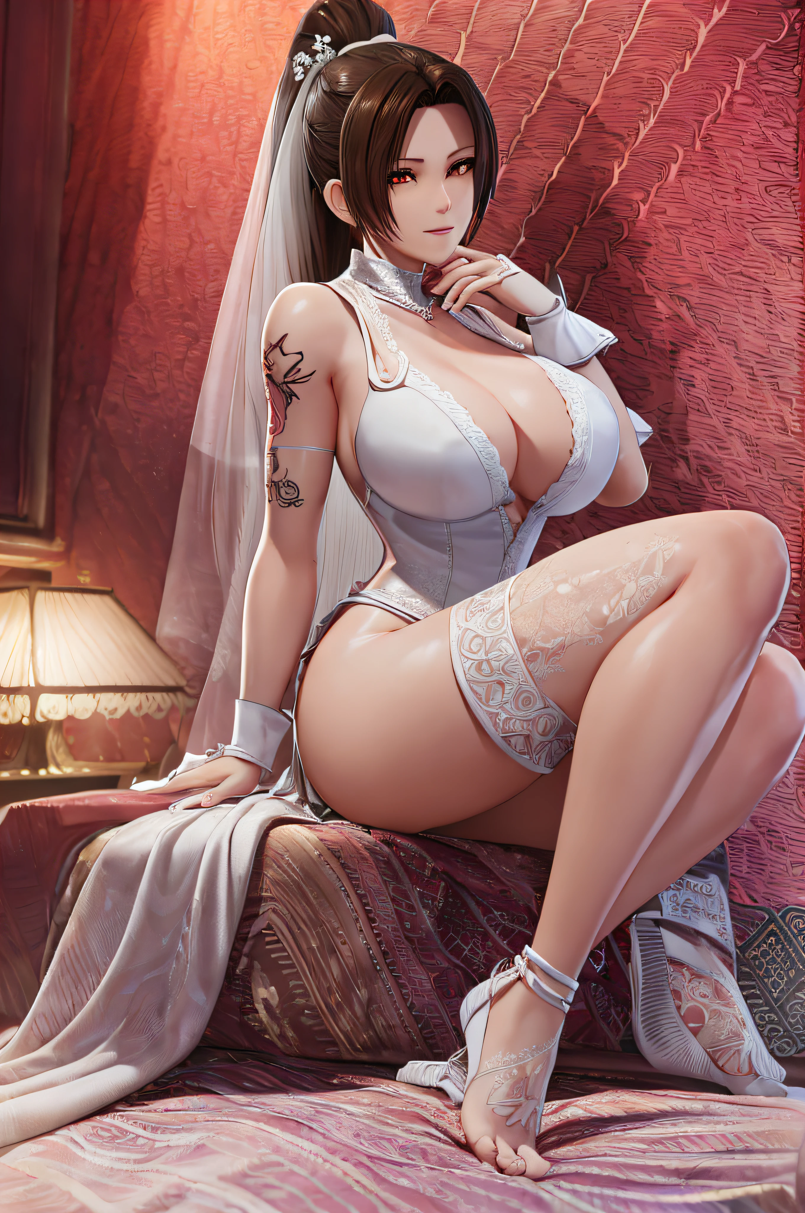 nighttime,full body,KOF:Mai Shiranui ,(((Wearing White wedding dress ))), Jewelry ,Elegant sitting posture,Masterpiece,best quality,official art,extremely detailed, 3D, Cinema 4D,8k,photorealistic:1.4, ( ##tattoo ##,tattoo, ~+ tattoo),(Perfect female curves, huge stacked breast),(A seductive gaze), Facing the camera, Pink lips,Delicate fingers and hands,magic hour, Rembrandt lighting, front lighting and fill lighting, hard shadow,