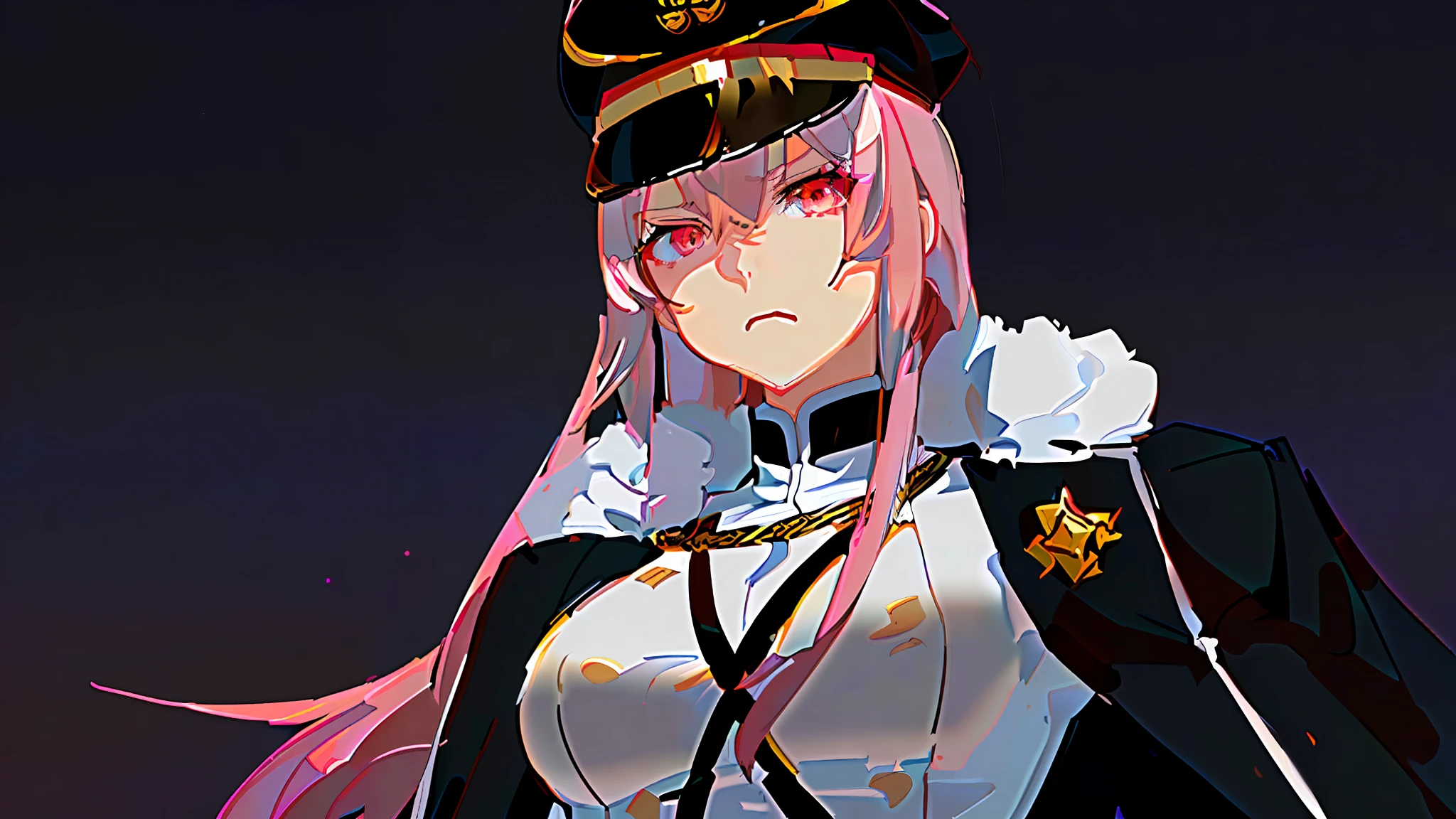 anime girl with pink hair and a black uniform and a golden crown, illustrious makinami, inspired by Okumura Masanobu, portrait of an anime heroine, an angry muscular army general, today's anime featured still, in the anime film, zero two, anime maid ss military, still tv anime