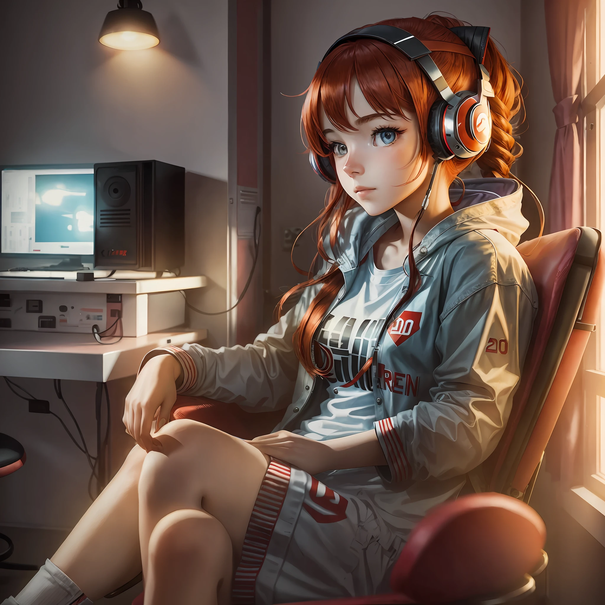 20-year-old girl, sitting in the chair, in a room gamer red hair(point focused on the girl