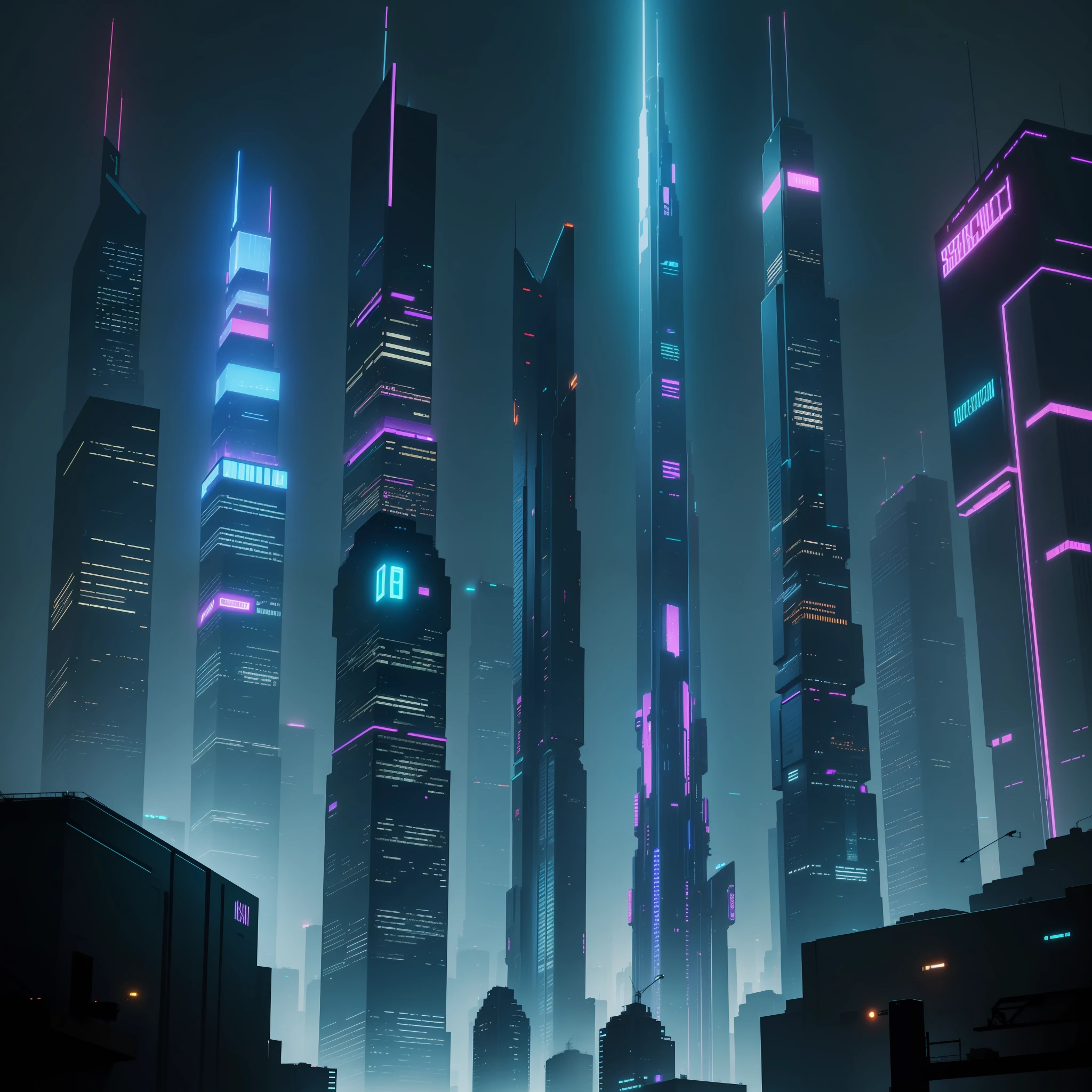 Cyberpunk Skyscrapers Night View Neon Futuristic World Sci-Fi Top Quality Masterpiece