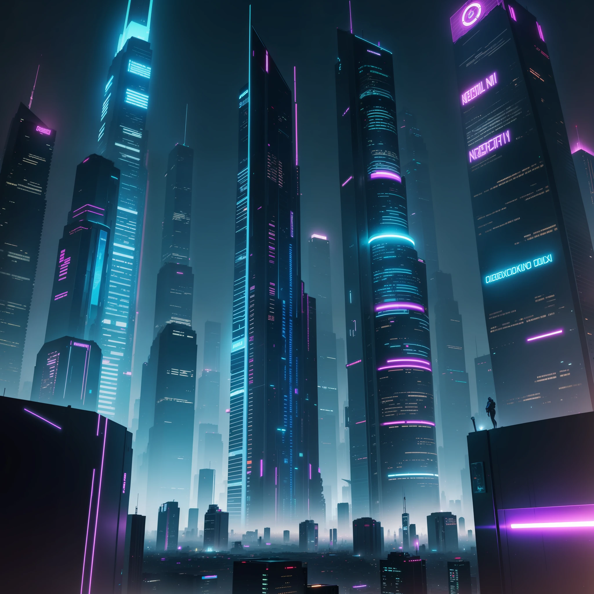 Cyberpunk Skyscrapers Night View Neon Futuristic World Sci-Fi Top Quality Masterpiece
