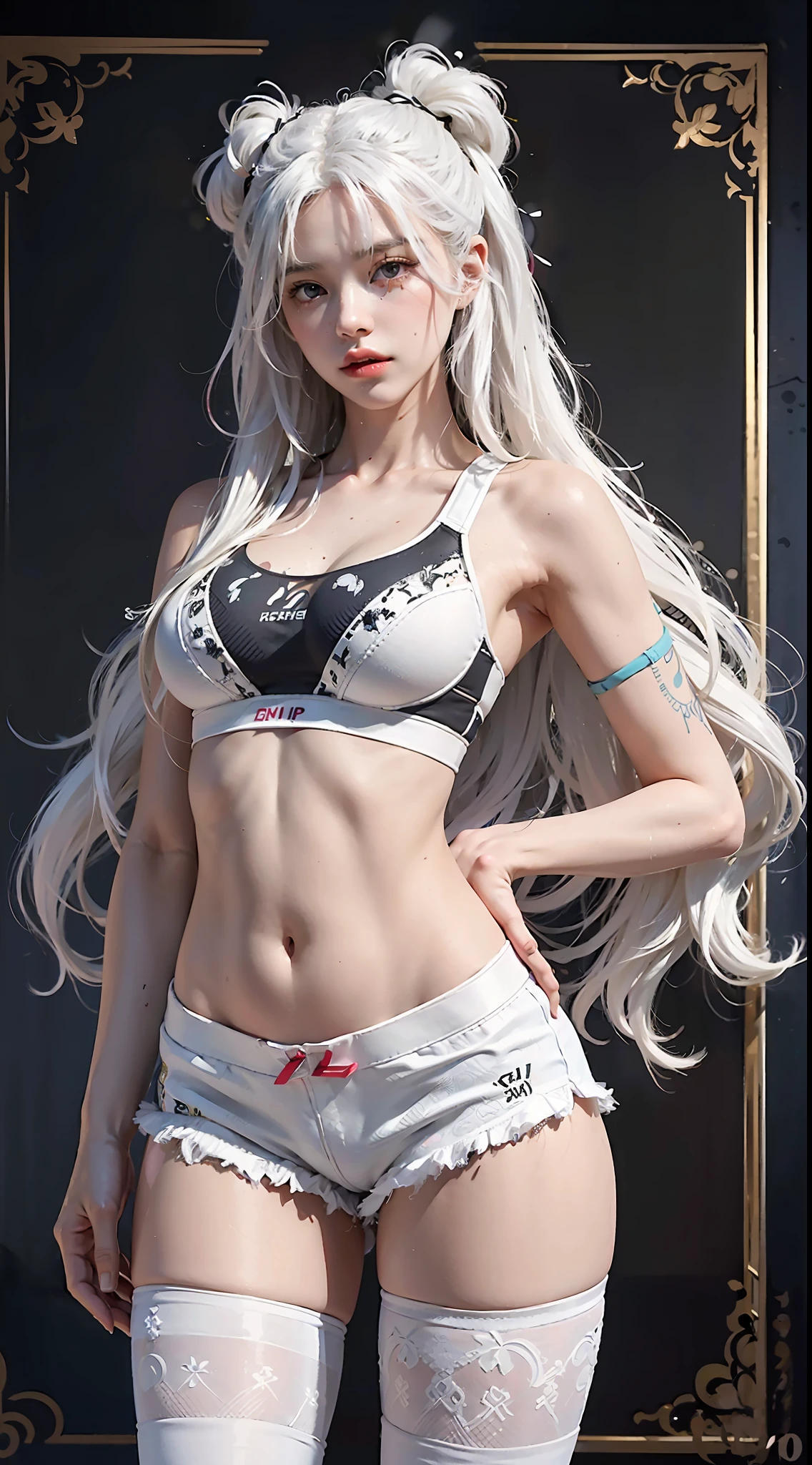 Beauty, ((Clothes damaged)), (((Shy))), ((Legs apart))), ((Sports Bra)), (Shorts), Full Body Drawing, Ultra Detailed, Master Artwork, Highest Quality, 8K Resolution, (Fine Details), ((Extreme Color))), Beautiful Eyes ((Two Side Up), (Detailed Engraving), White Stockings, ((Long White Hair, Messy))