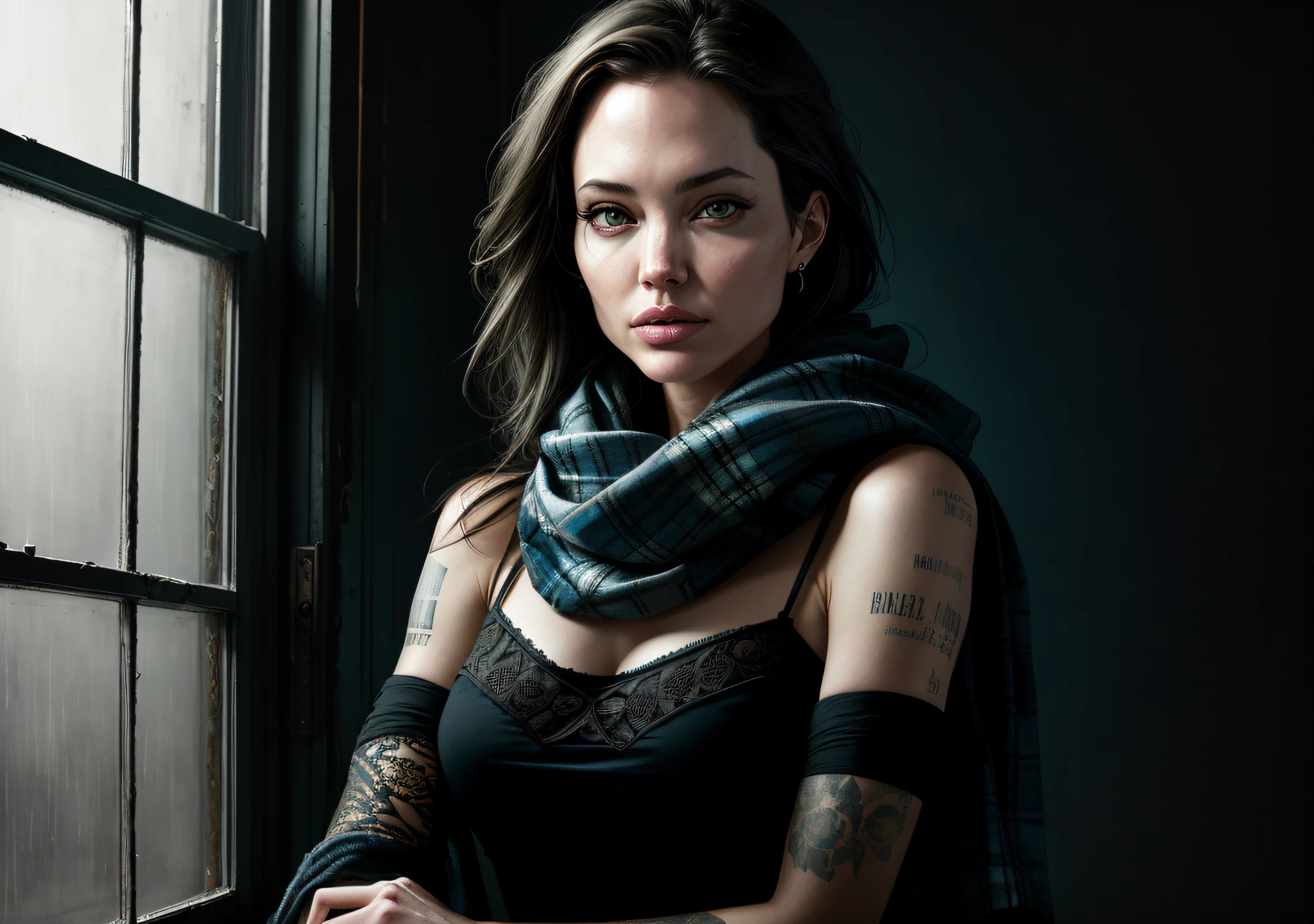 Angelina Jolie Dark photo: With her body covered, sitting in an old window, realistic epic, halo portrait, blue eyes, plaid scarf, white hair by Atey Ghailan, by Greg Rutkowski, by Greg Tocchini, by James Gilleard, by Joe Fenton, by Kaethe Butcher, yellow gradient, black, brown and magenta color scheme, grunge aesthetic!!! Graffiti brand wall background, art by Greg Rutkowski and Artgerm, soft cinematic light, Adobe Lightroom, Photo Lab, HDR, intricate, highly detailed, (depth of field: 1.4), faded, (neutral colors: 1.2), (HDR: 1.4), (soft colors:1.2), hyperdetailed, (Artstation:1.4), cinematic, warm lights, dramatic light, (intricate details:1.1), complex background, (Rutkowski:0.66), (blue and orange:0.4)
