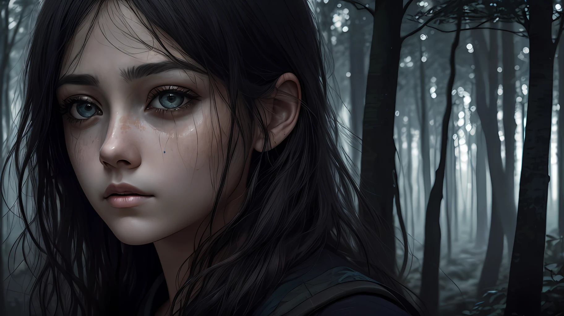 Photo of the face of a girl with deep dark circles, look of tiredness, sadness. The setting is a dark and mysterious forest. Highlight in moonlight.. Masterpiece, digital art. Realism. Realistic art