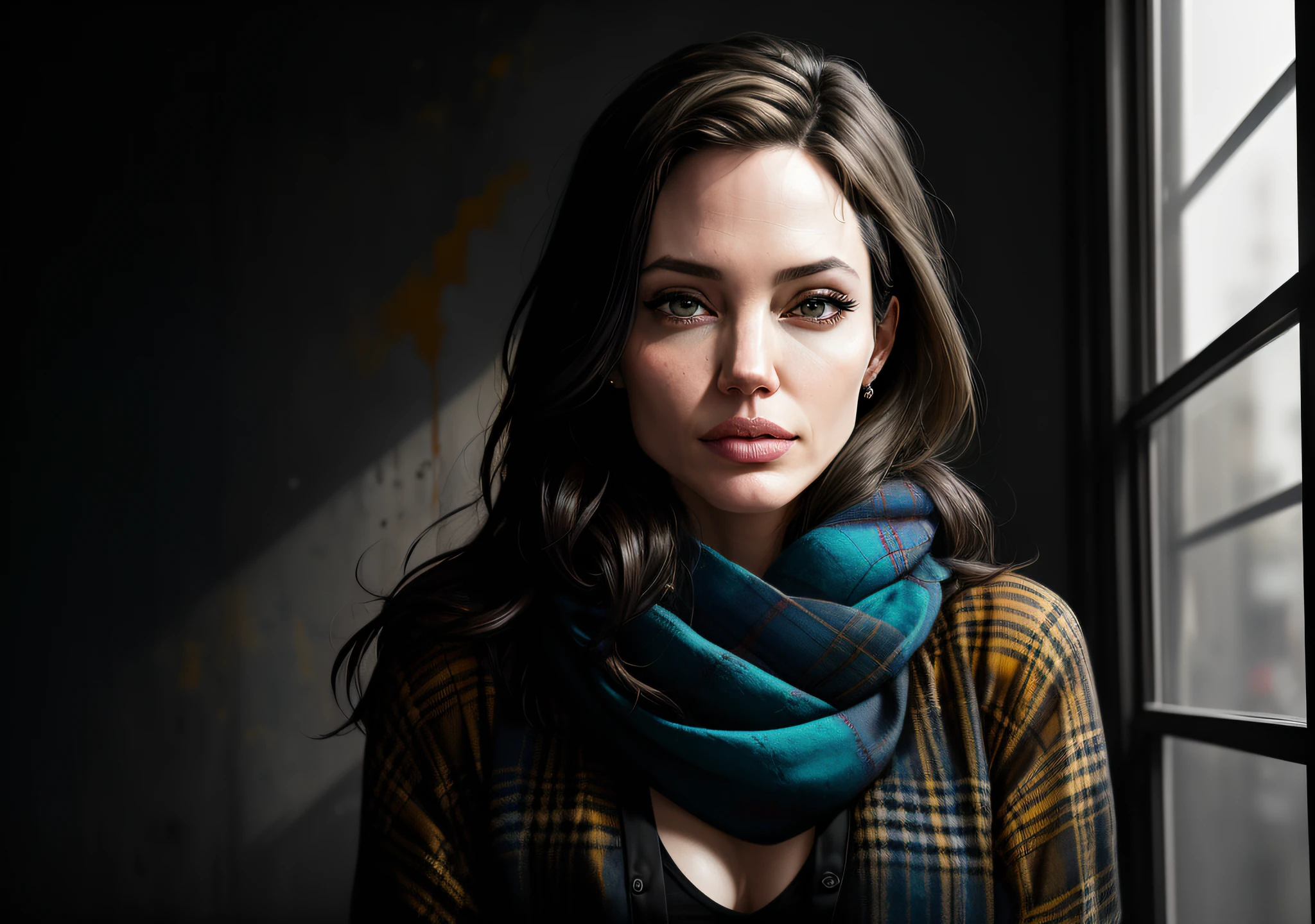Angelina Jolie Dark photo: With her body covered, sitting in an old window, realistic epic, halo portrait, blue eyes, plaid scarf, white hair by Atey Ghailan, by Greg Rutkowski, by Greg Tocchini, by James Gilleard, by Joe Fenton, by Kaethe Butcher, yellow gradient, black, brown and magenta color scheme, grunge aesthetic!!! Graffiti brand wall background, art by Greg Rutkowski and Artgerm, soft cinematic light, Adobe Lightroom, Photo Lab, HDR, intricate, highly detailed, (depth of field: 1.4), faded, (neutral colors: 1.2), (HDR: 1.4), (soft colors:1.2), hyperdetailed, (Artstation:1.4), cinematic, warm lights, dramatic light, (intricate details:1.1), complex background, (Rutkowski:0.66), (blue and orange:0.4)