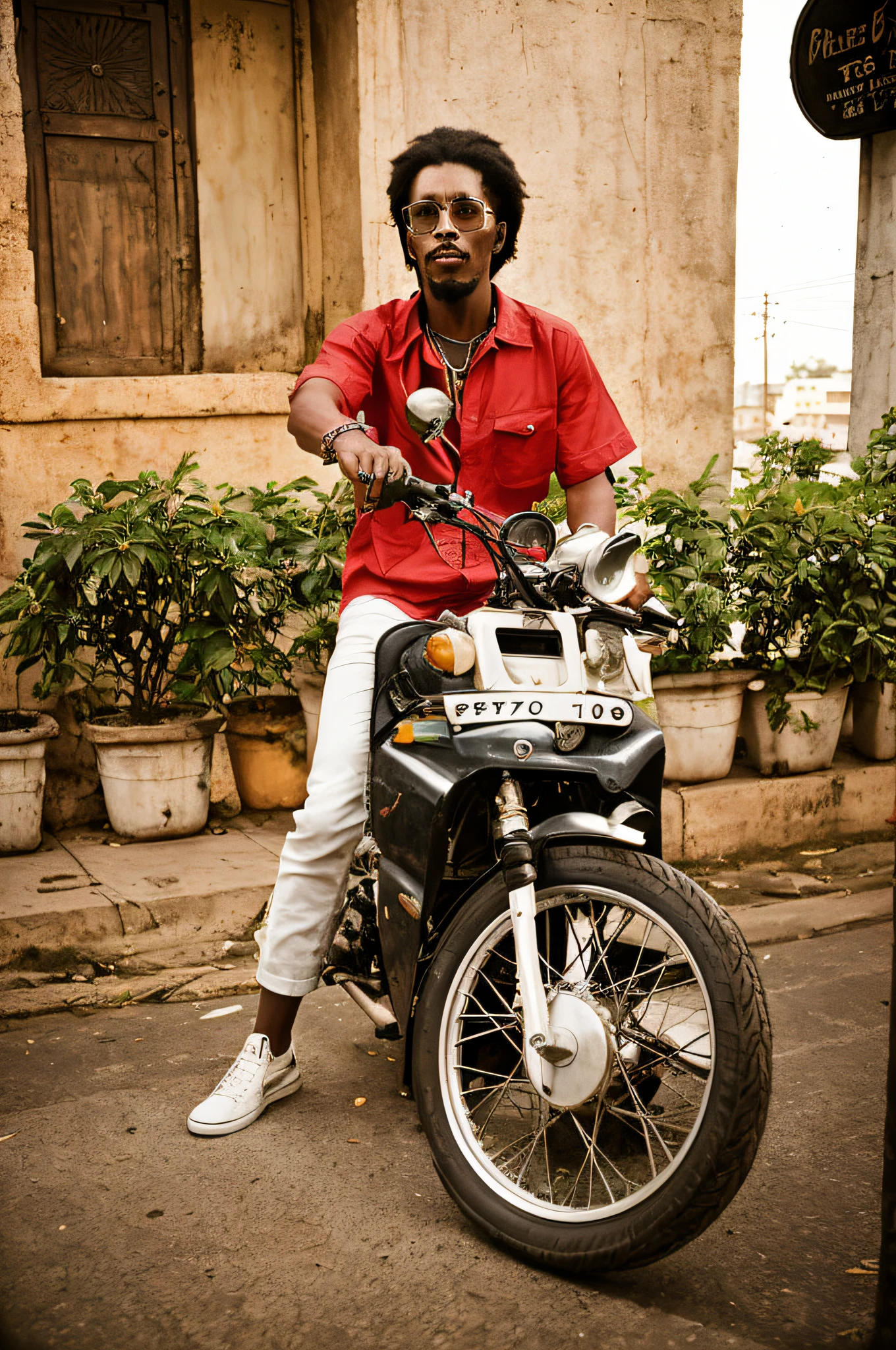 There is bob Marley on this motorcycle on the street, with a cool pose, in style, biker, perfectly drawn motorcycle, sitting on a motorcycle, biker, a motorcycle in the center of the frame, moped, style bob marley and the waillers 70-80s