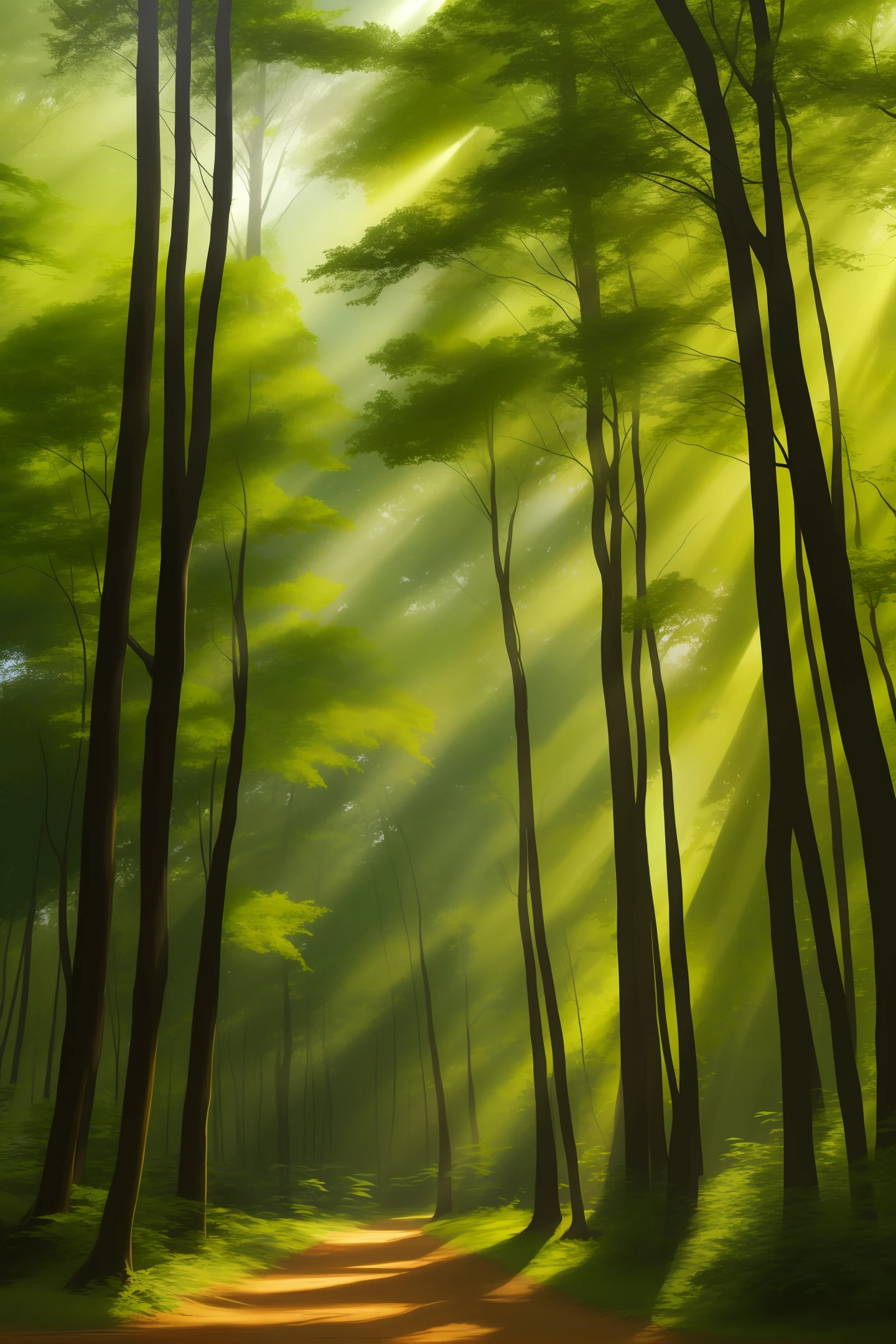 A serene forest with sunlight filtering through the trees]