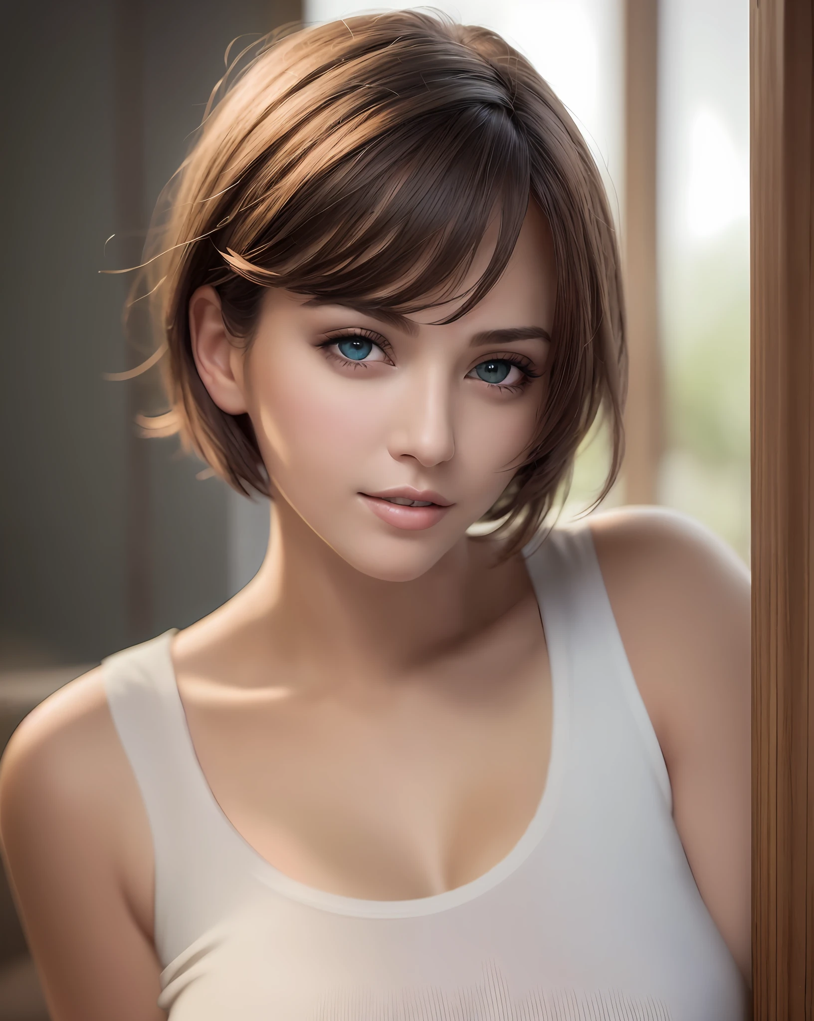 Top Quality, Ultra High Resolution, (Photorealistic: 1.4), Beautiful Eyes, Super Beauty, Short Hair, Beautiful, Sweetheart, Large T-shirt, Eyes That Invite Viewer, Lovers' Eyes, Inviting Facial Expressions, Sexy Smile, Perfect Style, Perfect Balance, Detailed Skin, Naughty Gaze, Annuit