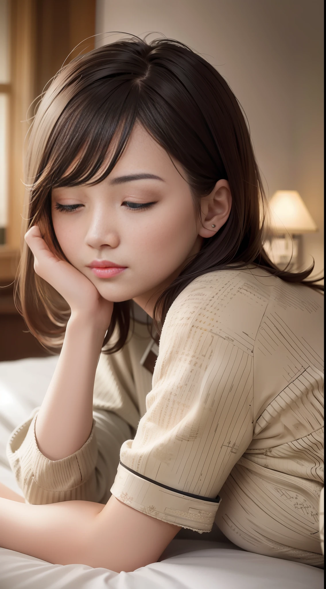 A sleeping asian woman, lying down, lying down, lying in bed, 25 years old, realistic, fair skin, she is wearing a pajama suit, short sleeves, shorts, various styles of pajamas, highlighting figure, brown hair, brown hair, changeable hairstyle. Crazy details, skin texture, super clear, real photos, high detail, high resolution. Perfect figure, attractive full breasts, fair skin, cute and charming.