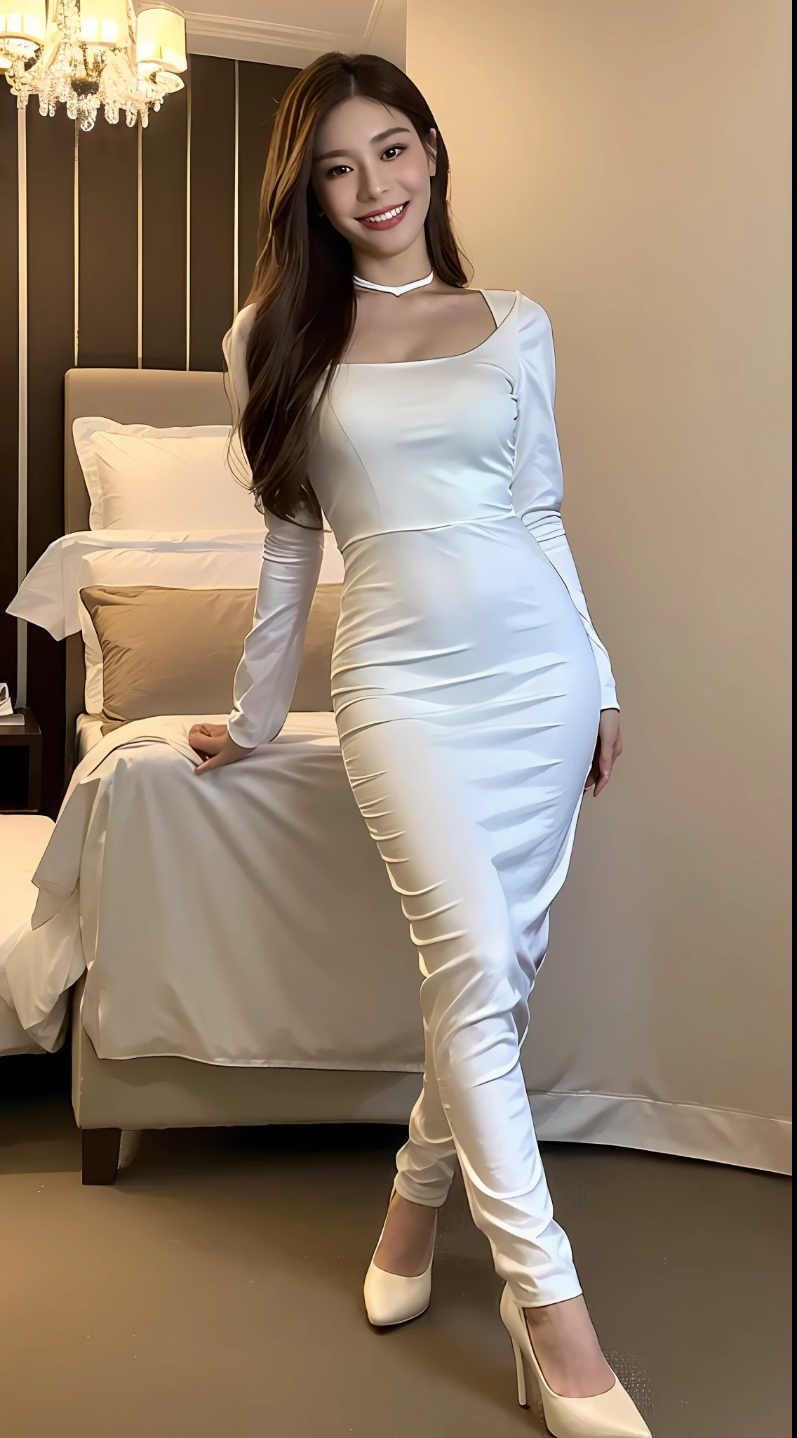 ((Best quality, 8k, Masterpiece :1.3)), 1girl, smiling, full body, slim face, Pretty woman, (Dark brown hair),transparent, tight_white_aodai :1.1, Ultra-detailed face, Detailed eyes, Double eyelid, blur background, slim face, 5 stars hotel bedroom, full_body, high_heels