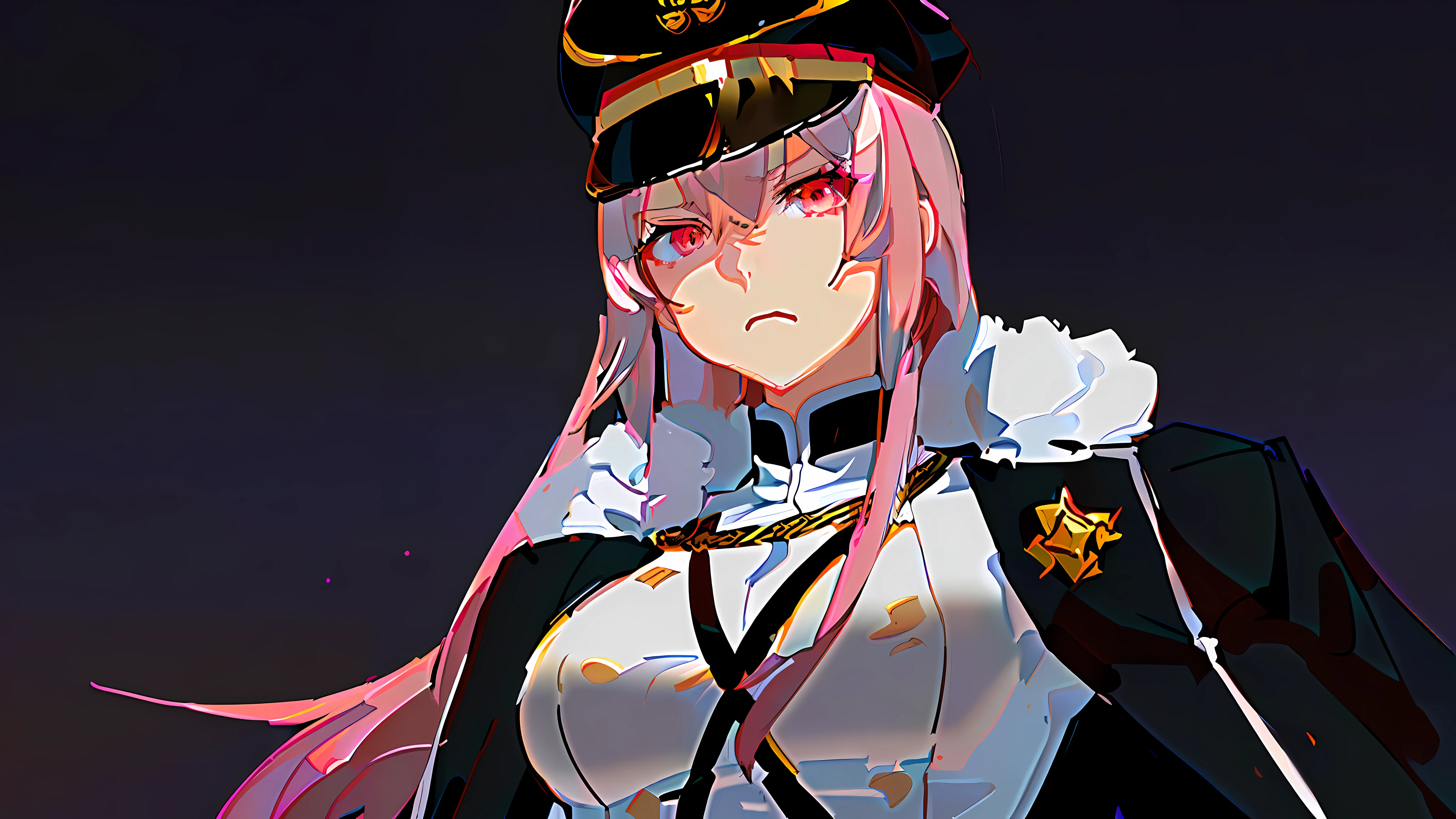 anime girl with pink hair and a black uniform and a golden crown, illustrious makinami, inspired by Okumura Masanobu, portrait of an anime heroine, an angry muscular army general, today's anime featured still, in the anime film, zero two, anime maid ss military, still tv anime