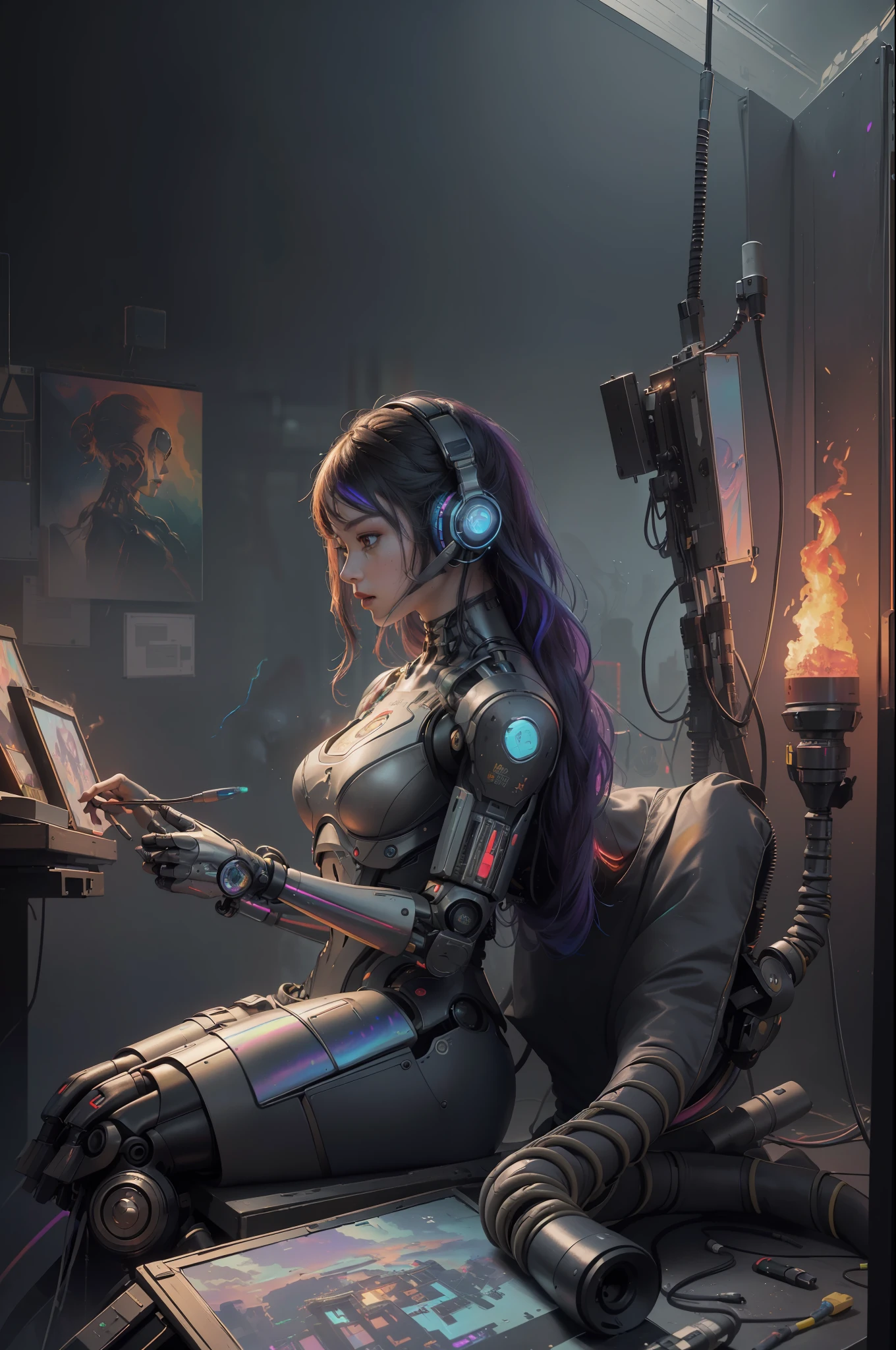 (Masterpiece, Best Quality, High Resolution, Absurd, Detailed: 1.2), Humanoid, Robot, Wearing Headphones, Looking Away, (Cyberpunk, Art Canvas, Brush, Easel, Rainbow Colors, Holographic: 1.6), Male, (Cable, Wire, Flame, Fire, Smoke, Overheating, Explosion, Indoor, Room, Simple Background)