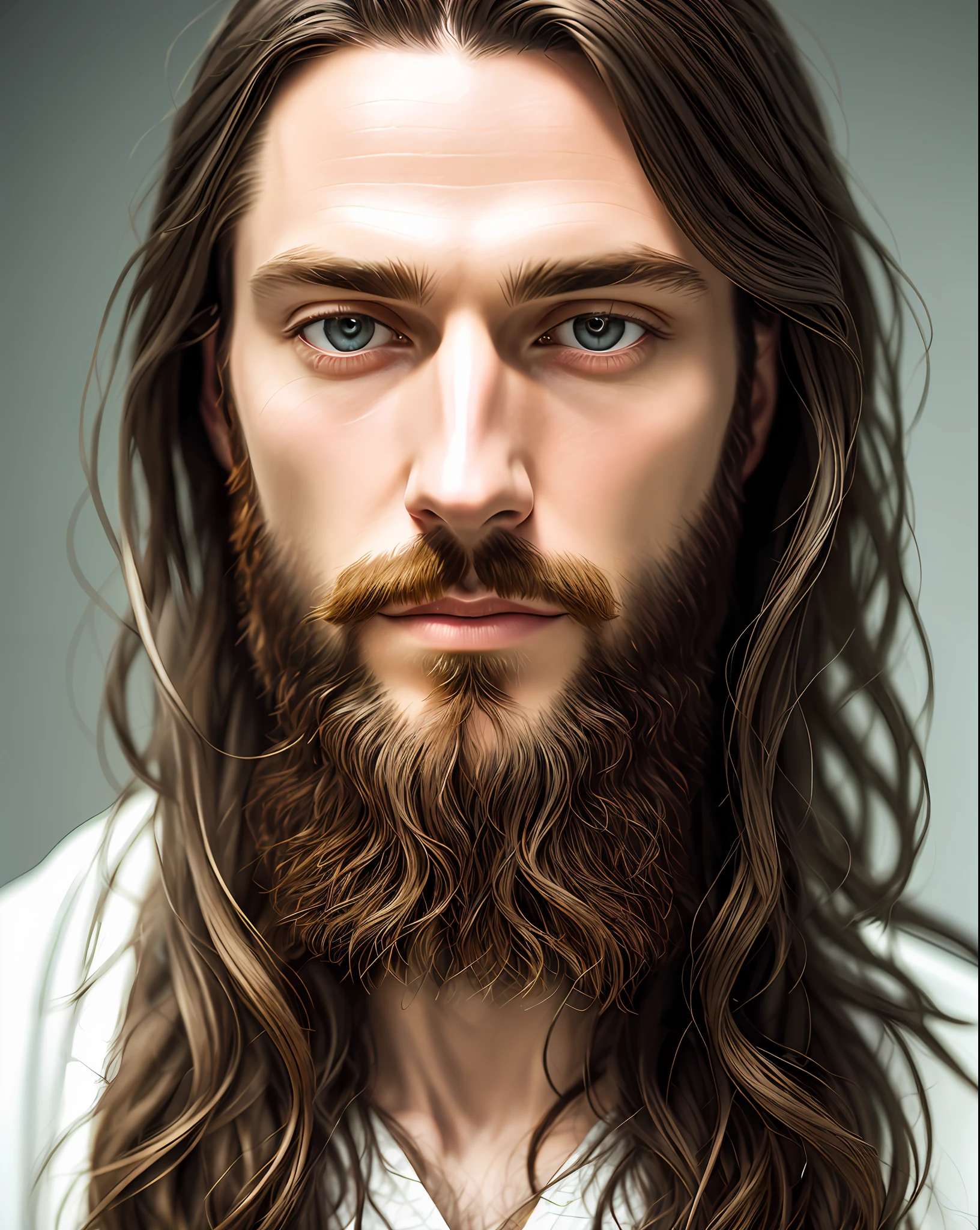 (symmetry),centered,a ((close)) up portrait,(Jesus),a very thin white man with long hair and a beard,wearing a long white robe,35mm,natural skin,clothes  detail, 8k texture, 8k, insane details, intricate details, hyperdetailedhighly detailed,realistic,soft cinematic light,HDR,sharp focus, ((((cinematic look)))),intricate, elegant, highly detailed