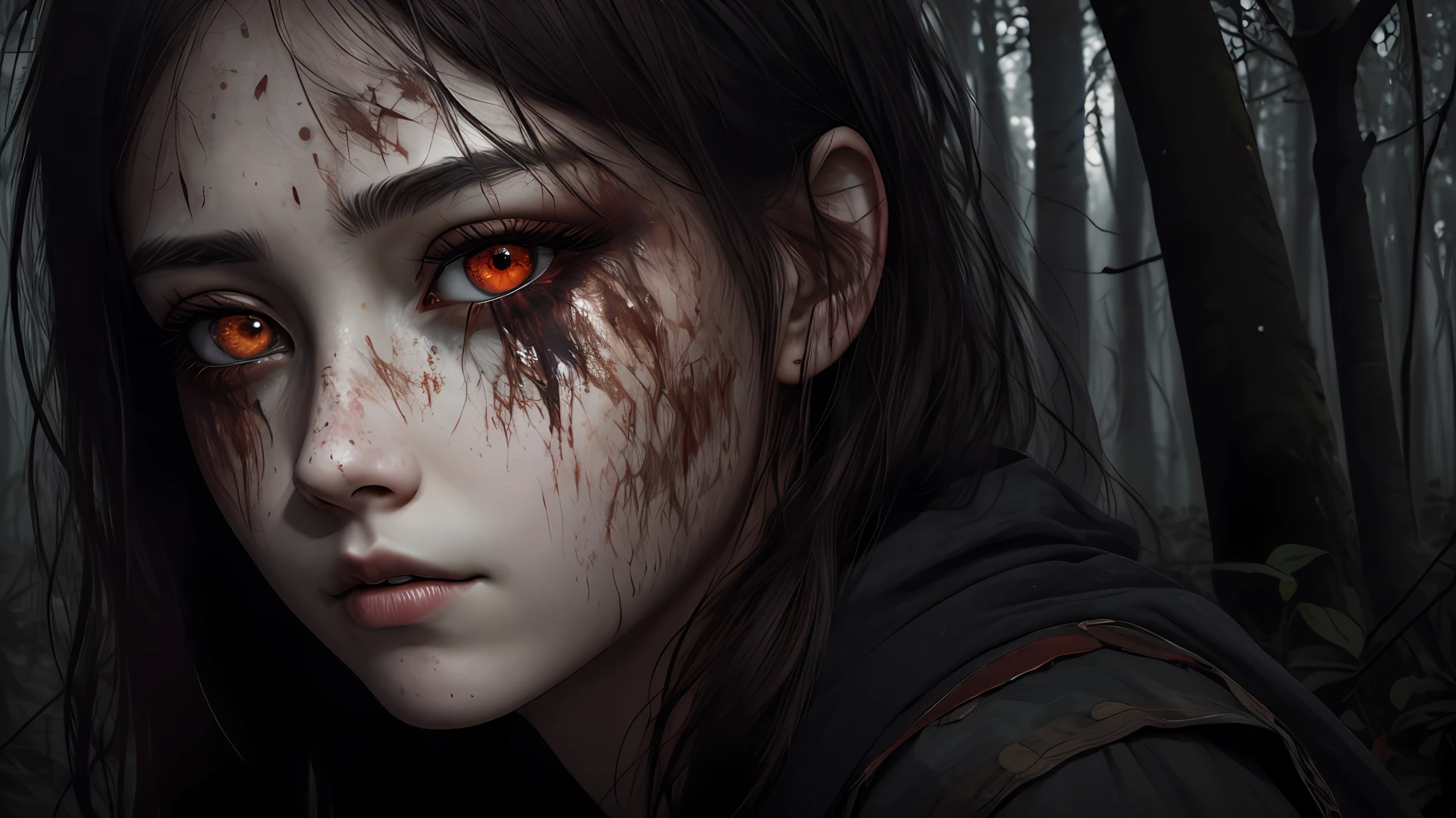 Photo of the face of a girl with deep dark circles, look of tiredness, sadness. Blank stare. Eyes with reddish sclera. Face bruised and dirty. Setting is a dark and mysterious forest. Moonlight highlighting. Masterpiece, digital art. Realism. Realistic art