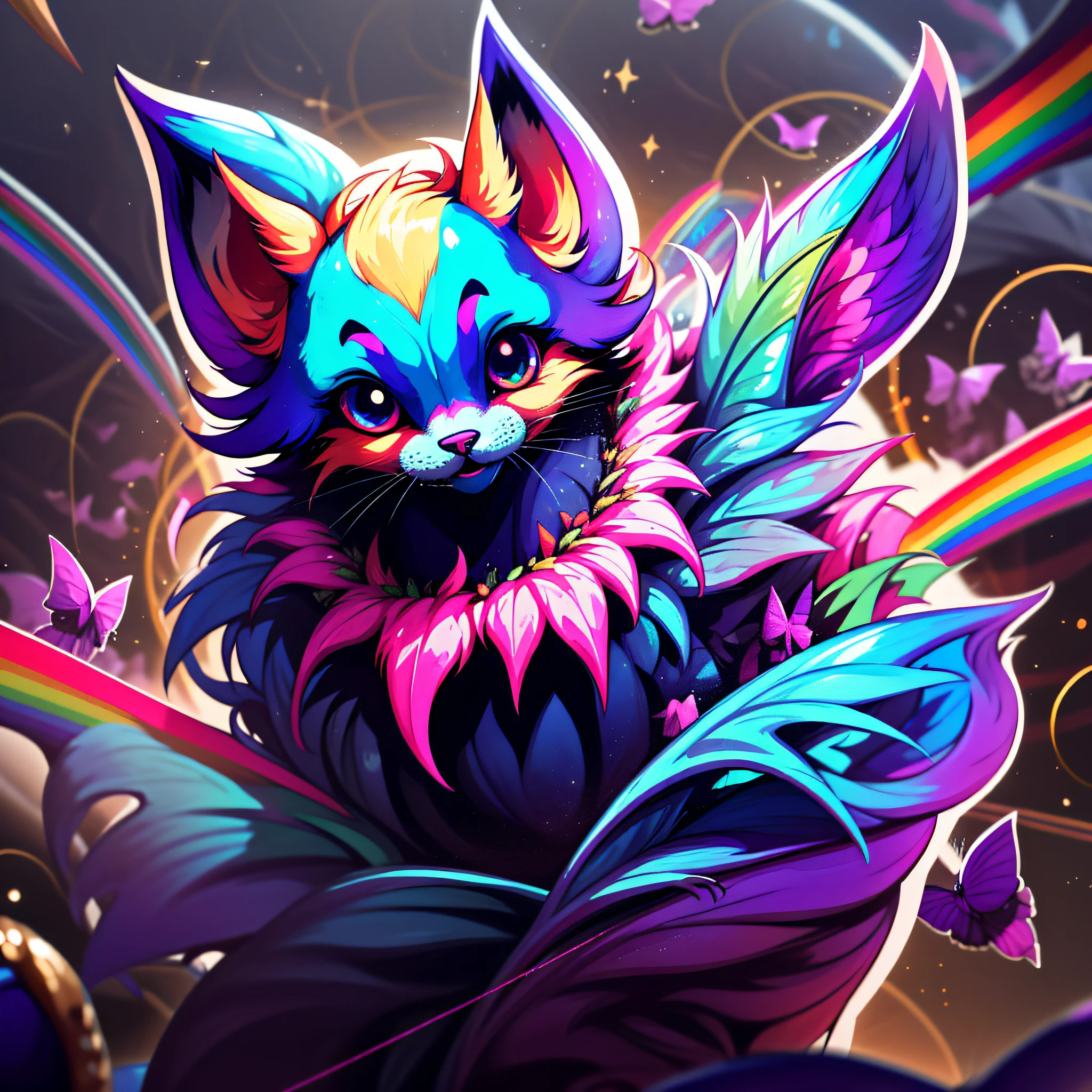bat, golden fur, deep purple wings, deep blue eyes, sapphire gemstones, it's echolocation causing rainbow plashes all around it, masterpiece, best quality, ((In Serendipity style))