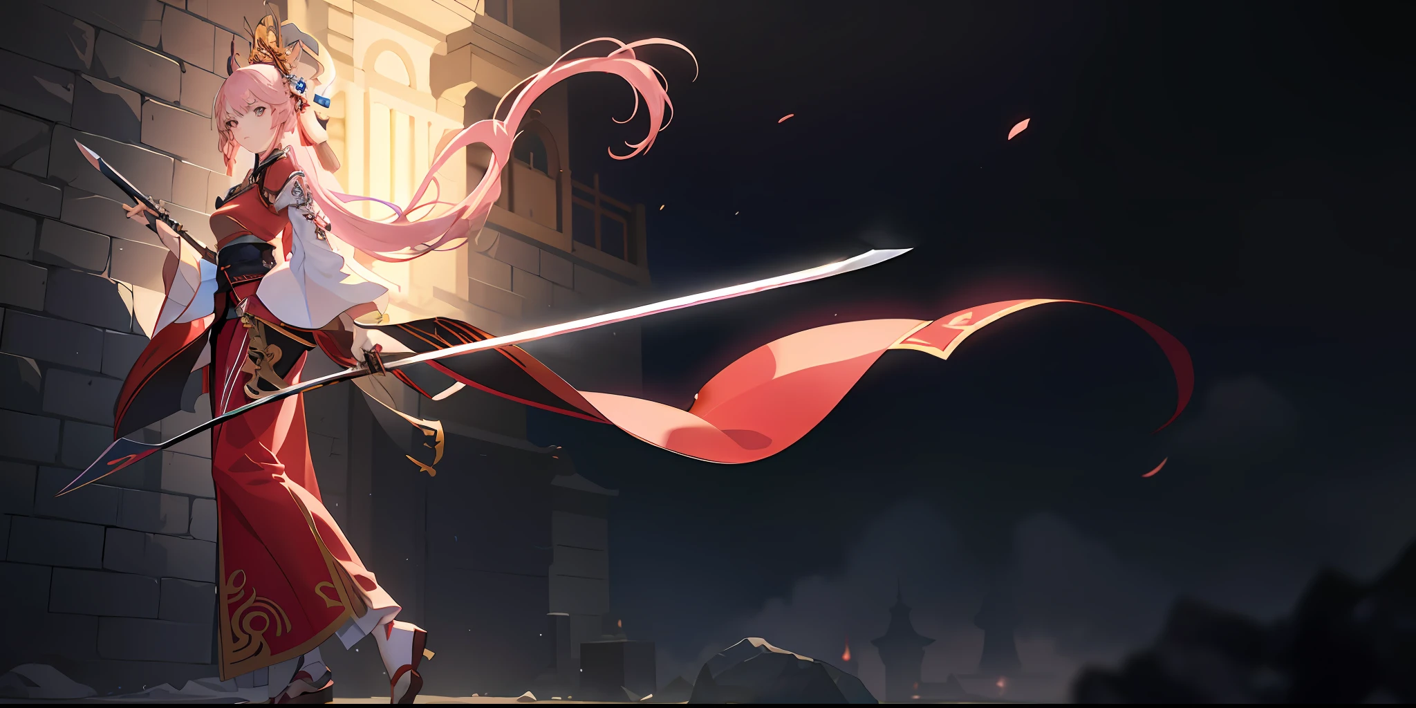 anime character with sword and sword in front of a building, cushart krenz key art feminine, ayaka genshin impact, detailed key anime art, she is holding a sword, high detailed official artwork, holding a sword on her shoulder, artgerm and atey ghailan, key anime art, anime key art, keqing from genshin impact