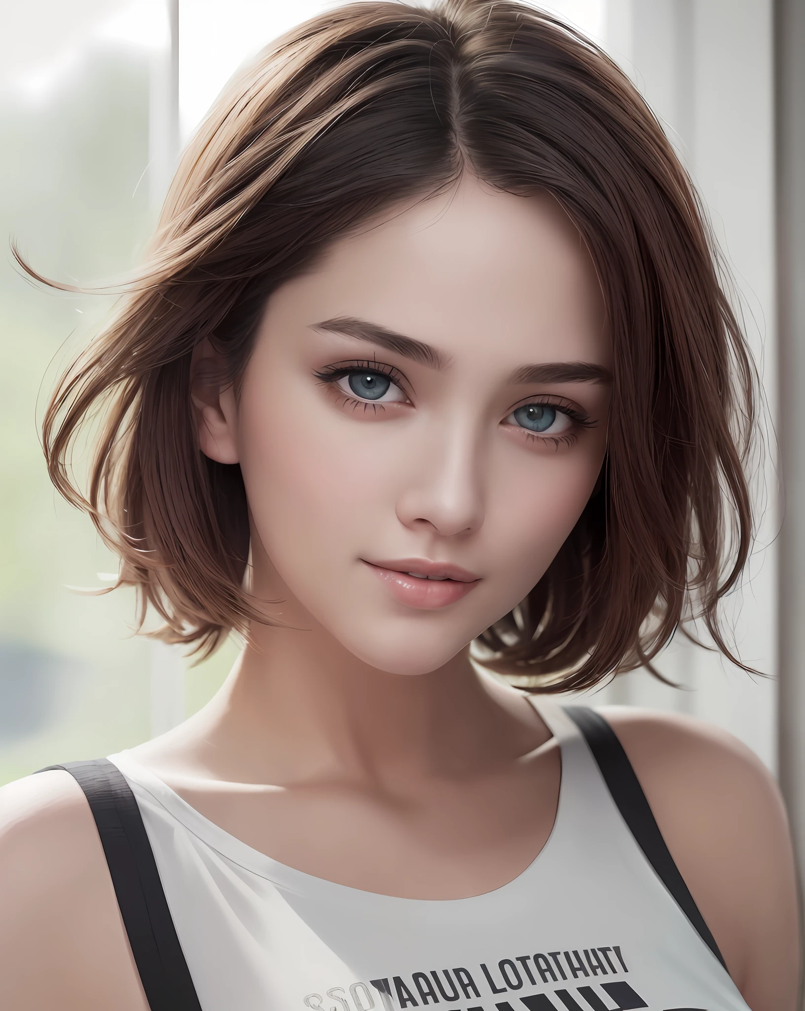 Top Quality, Ultra High Resolution, (Photorealistic: 1.4), Beautiful Eyes, Super Beauty, Short Hair, Beautiful, Sweetheart, Large T-shirt, Eyes That Invite Viewer, Lovers' Eyes, Inviting Facial Expressions, Sexy Smile, Perfect Style, Perfect Balance, Detailed Skin, Naughty Gaze, Annuit