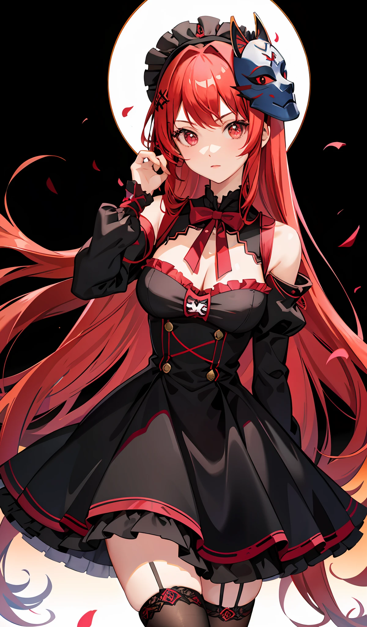 1girl, red hair, multicolored hair, red eyes, mask on head, side light, light particles, wallpaper, big breasts, pink stockings, ta shoes