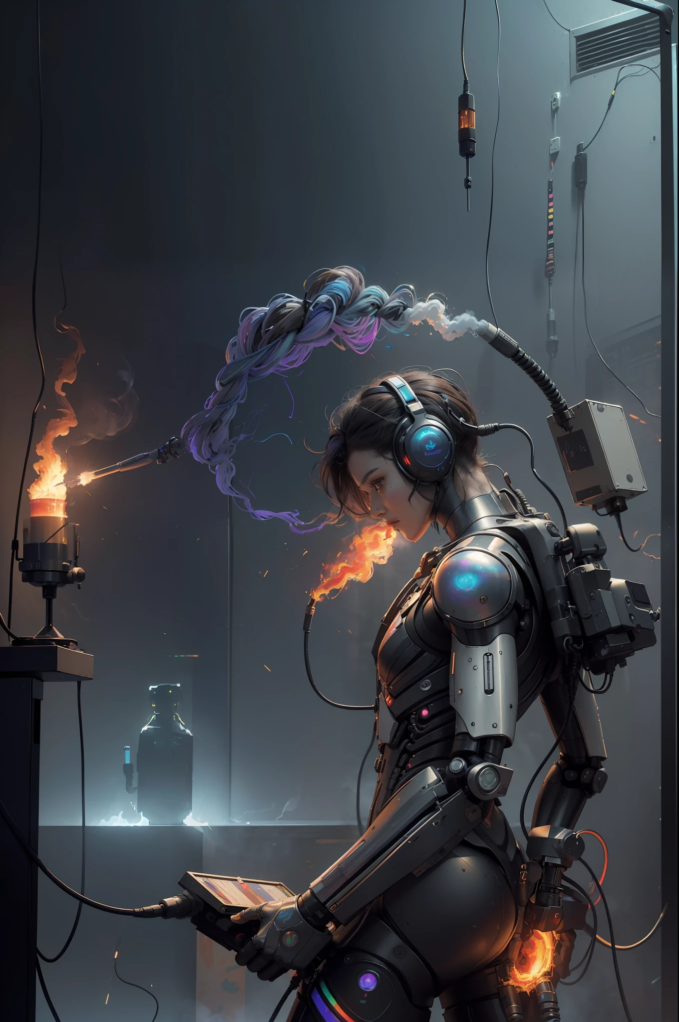 (Masterpiece, Best Quality, High Resolution, Absurd, Detailed: 1.2), Humanoid, Robot, Wearing Headphones, Looking Away, (Cyberpunk, Art Canvas, Brush, Easel, Rainbow Colors, Holographic: 1.6), Male, (Cable, Wire, Flame, Fire, Smoke, Overheating, Explosion, Indoor, Room, Simple Background)