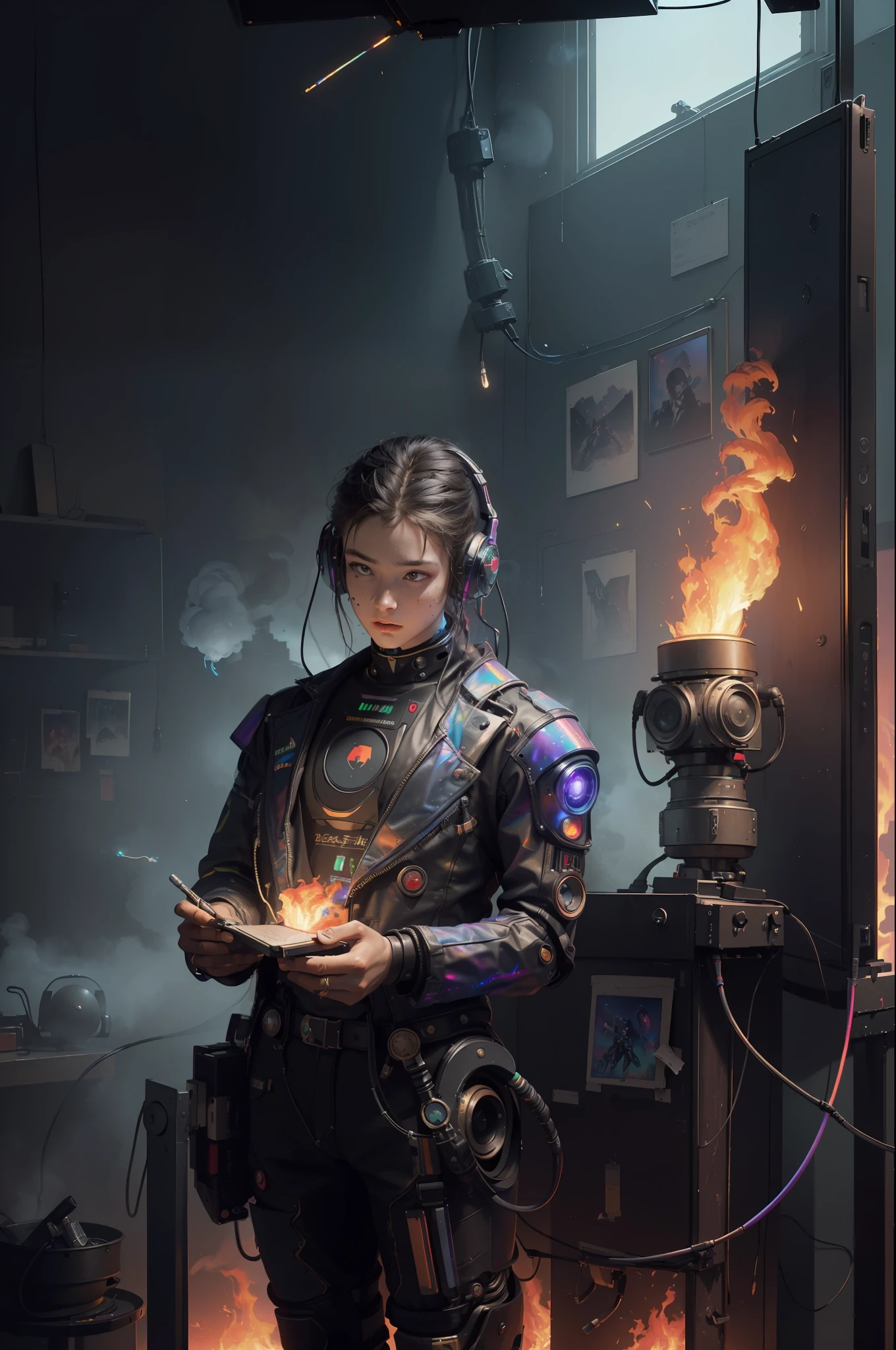 (Masterpiece, Best Quality, High Resolution, Absurd, Detailed: 1.2), Humanoid, Robot, Wearing Headphones, Looking Away, (Cyberpunk, Art Canvas, Brush, Easel, Rainbow Colors, Holographic: 1.6), Male, (Cable, Wire, Flame, Fire, Smoke, Overheating, Explosion, Indoor, Room, Simple Background)