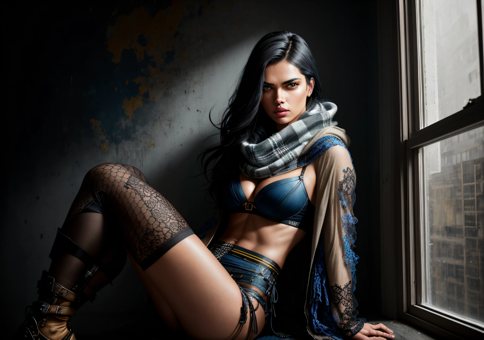 Brazilian model Adriana Lima, dark photo: with the body covered, sitting in an old window, realistic epic, halo portrait, blue eyes, plaid scarf, white hair of Atey Ghailan, of Greg Rutkowski, of Greg Tocchini, of James Gilleard, of Joe Fenton, of Kaethe Butcher, yellow gradient, black, brown and magenta color scheme, grunge aesthetic!!! Graffiti brand wall background, art by Greg Rutkowski and Artgerm, soft cinematic light, Adobe Lightroom, Photo Lab, HDR, intricate, highly detailed, (depth of field: 1.4), faded, (neutral colors: 1.2), (HDR: 1.4), (soft colors:1.2), hyperdetailed, (Artstation:1.4), cinematic, warm lights, dramatic light, (intricate details:1.1), complex background, (Rutkowski:0.66), (blue and orange:0.4)