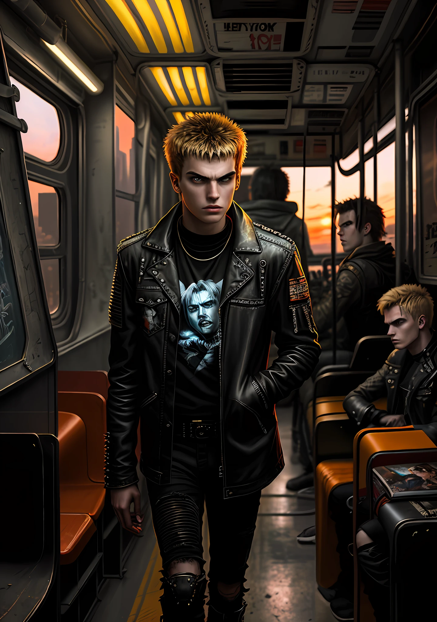 age male rock band, 19 years old, 20 years old, movie poster, mad max, residend evil, high quality, painting, futurism, post apocalyptic, rock band on a bus, sunset, mad max, punk, movie poster, realistic painting art.