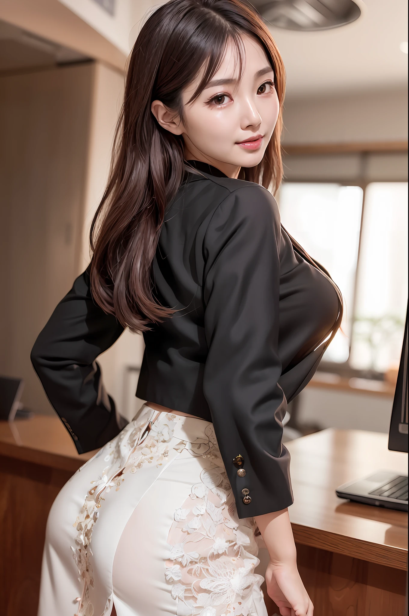 there is a woman that is standing in front of a computer, gorgeous young korean woman, wearing a blouse, korean girl, korean women's fashion model, beautiful south korean woman, office clothes, back pose, showing her shoulder from back, korean woman, cute elegant pose, stunning elegant pose, hwang se - on, backview, beautiful young korean woman, attractive pose