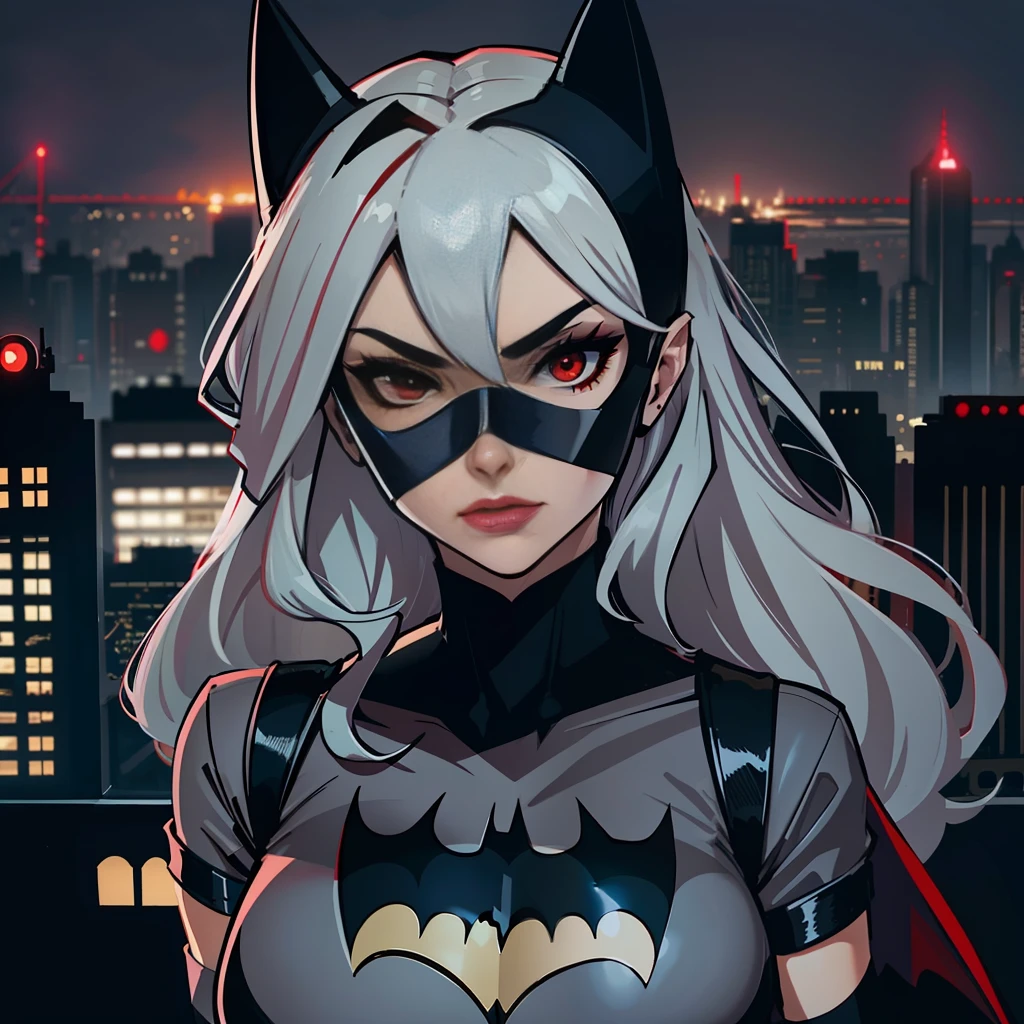 Batwomen dress,mask,red eyes,gray hair, batman dress, cityscape
