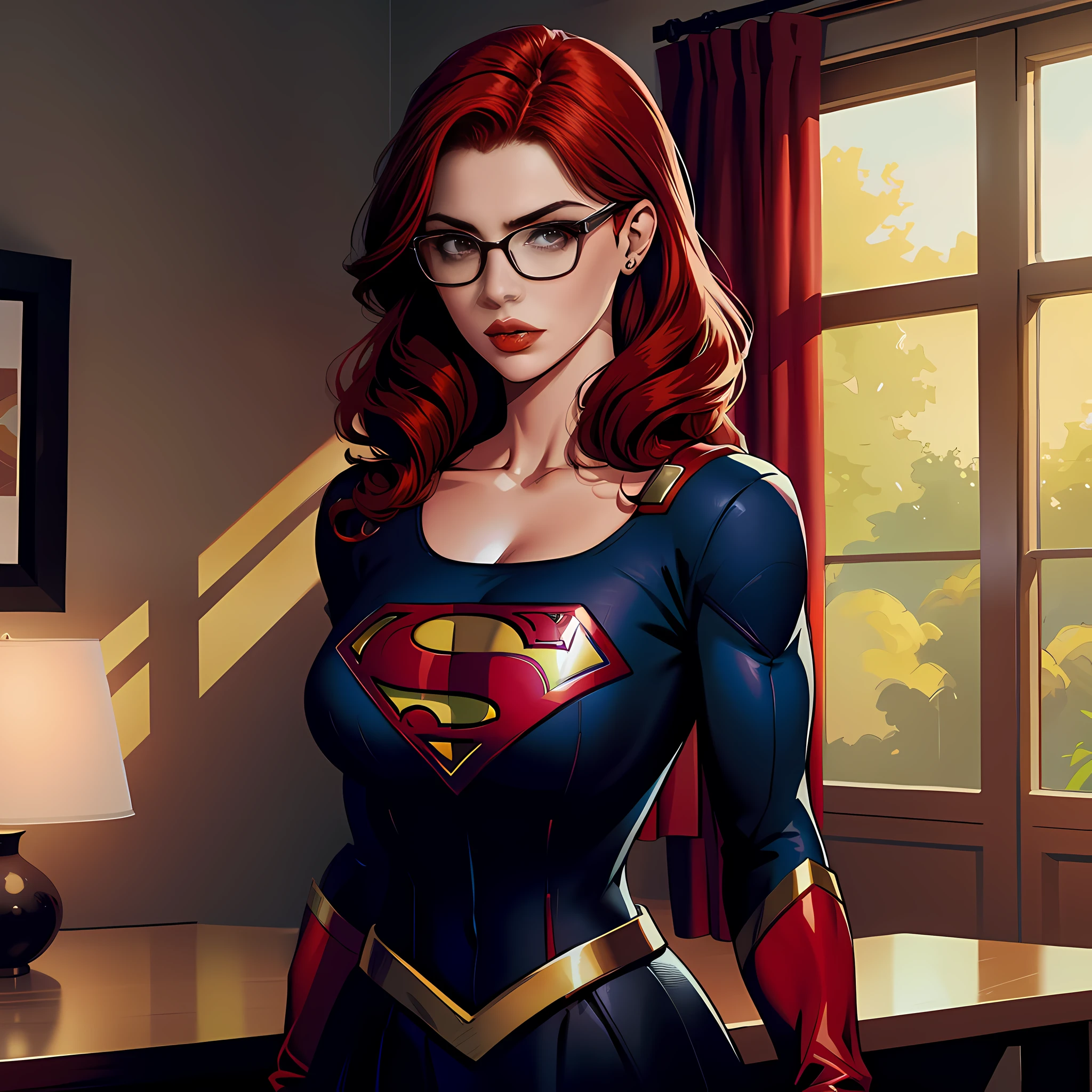 Supergirl dress,red hair,specs,black coker, Waist, shoulder, torso
