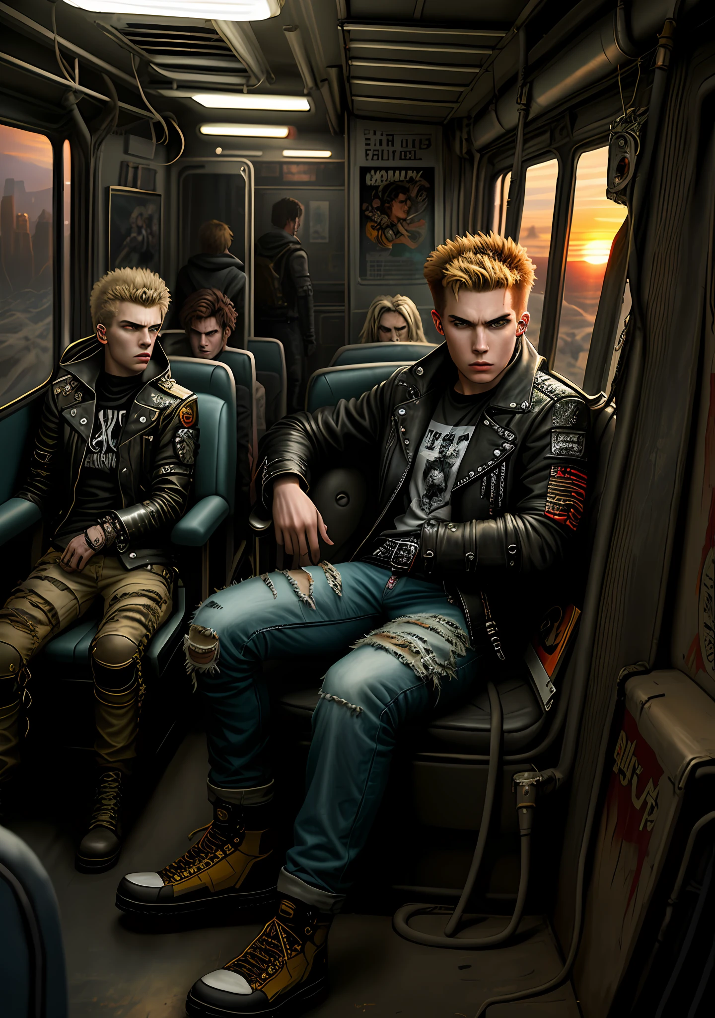 age male rock band, 19 years old, 20 years old, movie poster, mad max, residend evil, high quality, painting, futurism, post apocalyptic, rock band on a bus, sunset, mad max, punk, movie poster, realistic painting art.