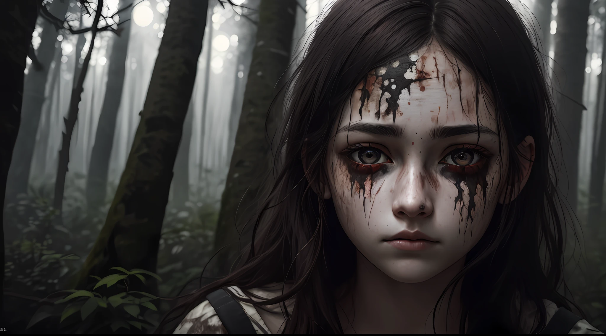 Photo of the face of a girl with deep dark circles, look of tiredness, sadness. Blank stare. Eyes with reddish sclera. Face bruised and dirty. Setting is a dark and mysterious forest. Moonlight highlighting. Masterpiece, digital art. Realism. Realistic art