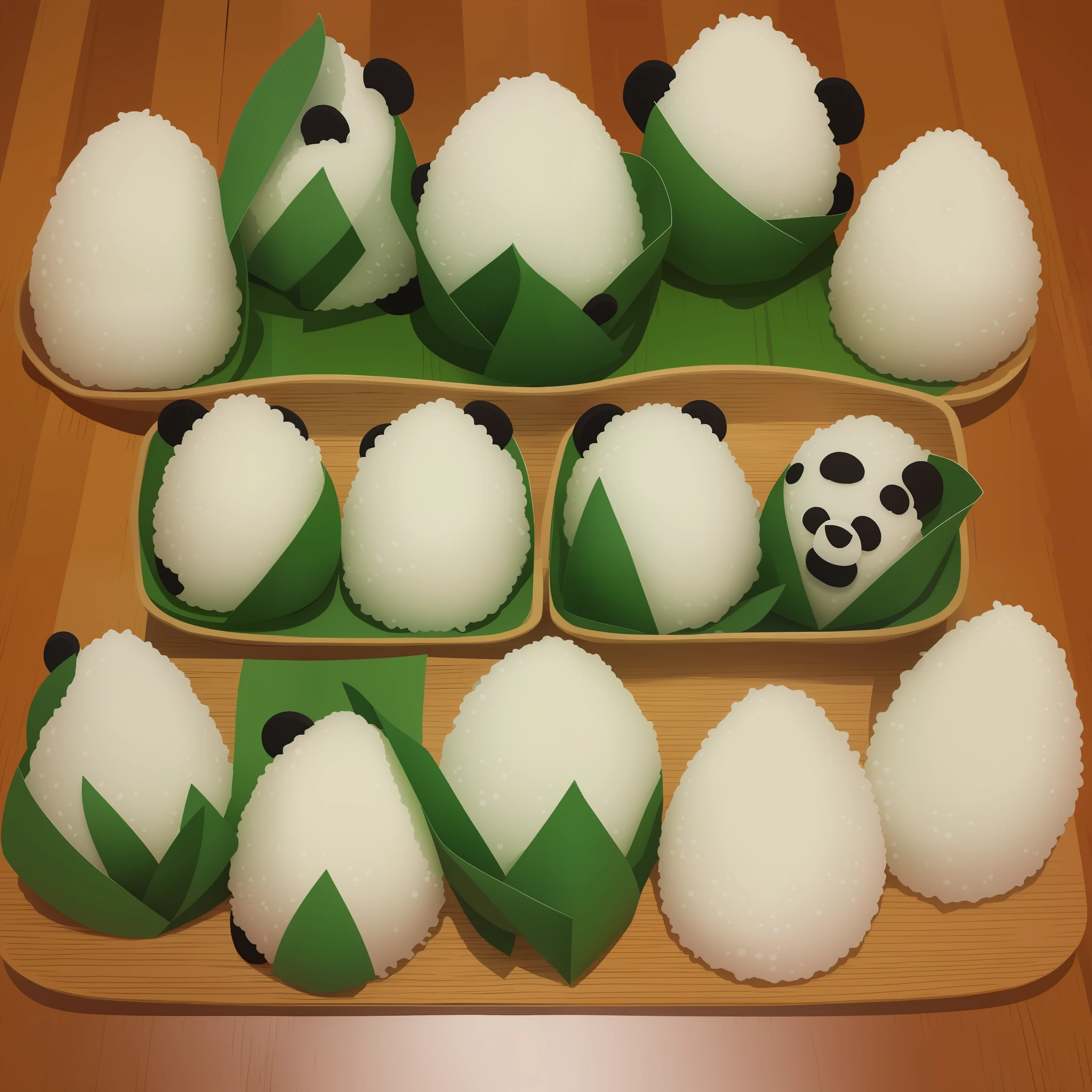 1 zongzi, realistic, rice:1.9, panda: 0.5, master piece, 3D, UHK, 16K, lots of detail, paper cutouts of dragon boats in the background