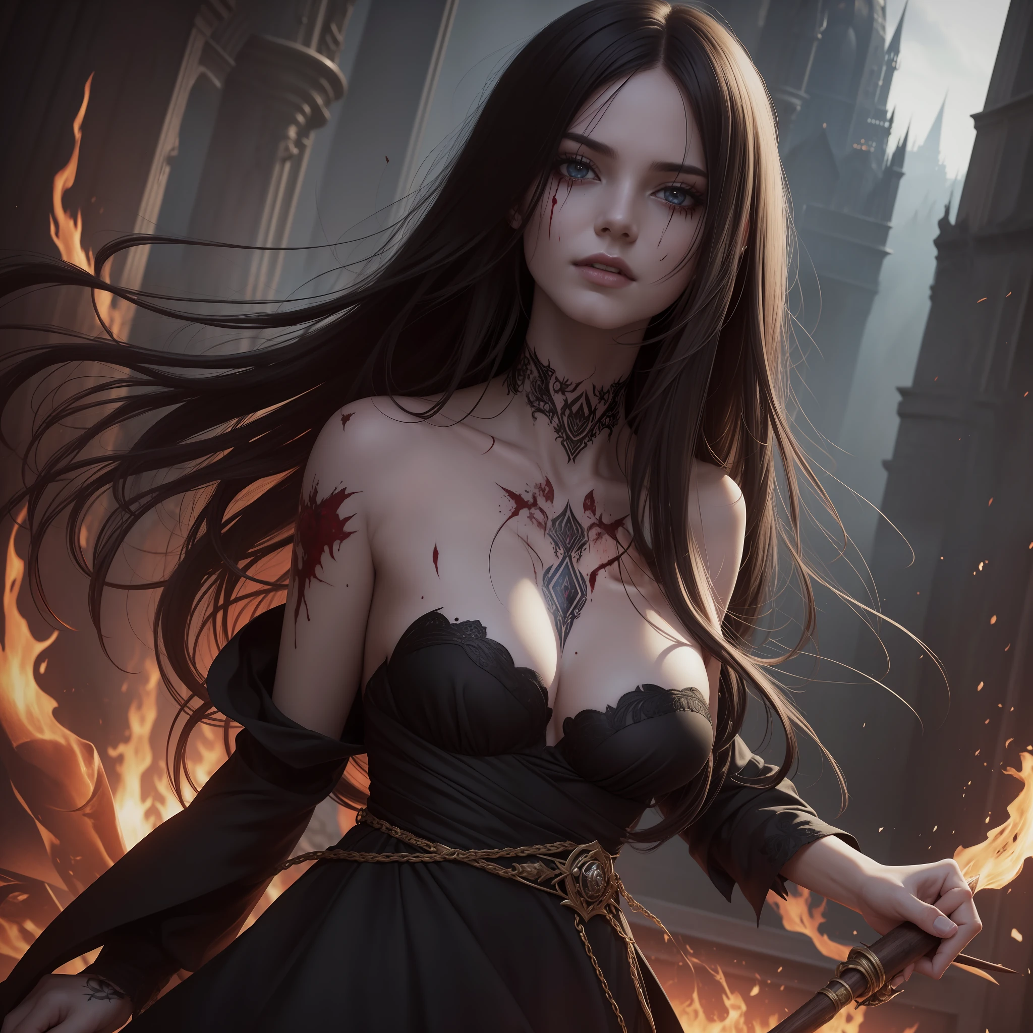 Dark magic, (masterpiece, highest quality, best quality, formal art, beautiful and aesthetic: 1.2), (1girl: 1.3), solo, threat, rage, devilish smile, (young dark sorceress) extremely detailed, dynamic pose, dark night, abstract background, dress, (blood, blood splatter:1.1), ashes, fire, (body tattoos, scars, jewelry), hyperrealism