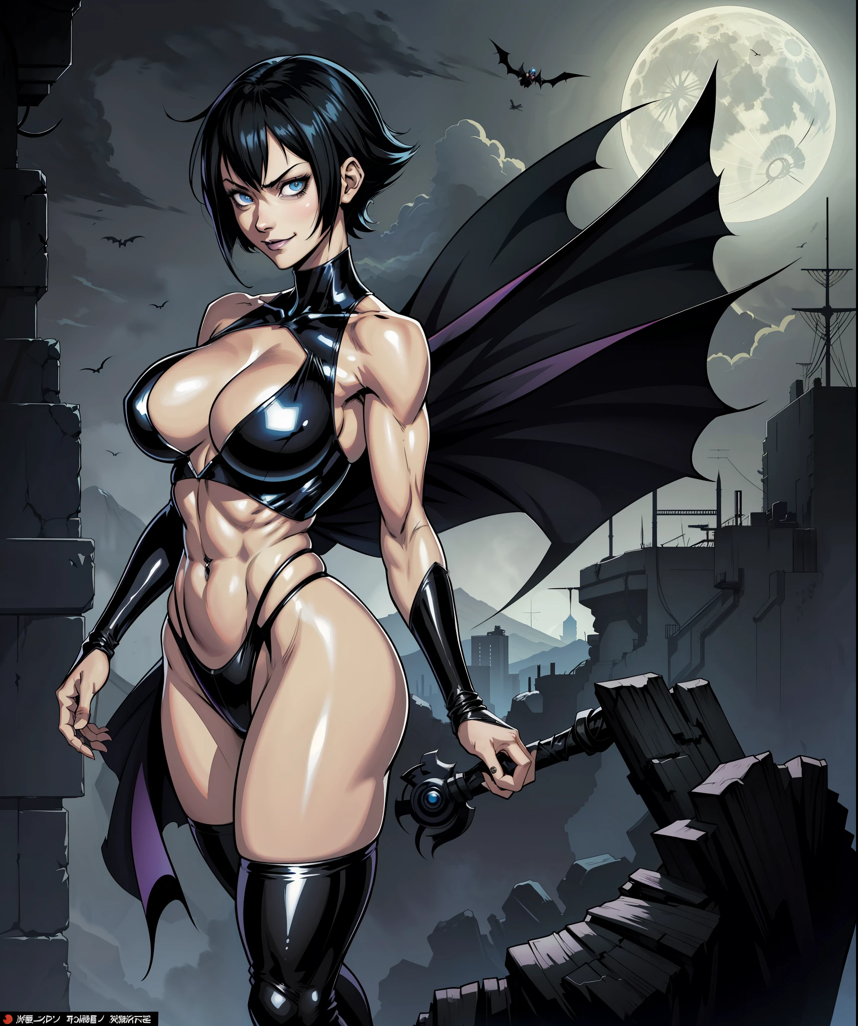 full body manga cover, menacing pose, 1girl, fair skin, Yusuke Murata style art, Yusuke Murata style, girl alone, short hair, black hair, blue eyes, anime girl with tattoos on right arm, anime digital art, beautiful anime girl, female anime girl, anime art, muscular!, big oppai, Ilya Kuvshinov, badass 8k anime, anime art, cuberpunk hair,  very attractive, sensual, gothic, blue vampire eyes, beautiful face, smiling, short black hair, perfect body, fit body, abdomen, large breasts, chubby butt, gothic clothes, cyberpunk clothes, vampire clothes, muscular, simple background with the moon, pale skin, vampire, seductive face,