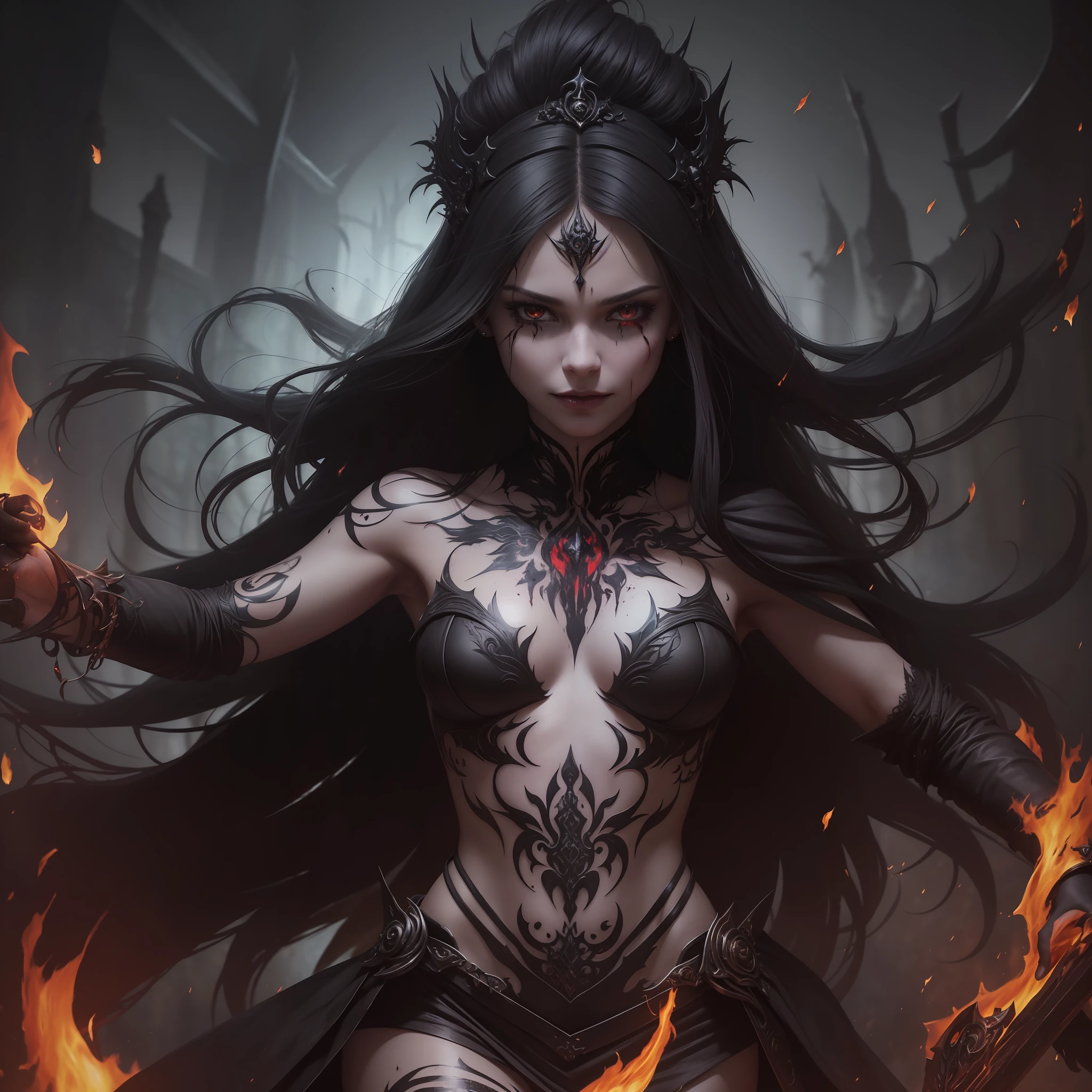 Dark magic, (masterpiece, highest quality, best quality, formal art, beautiful and aesthetic: 1.2), (1girl: 1.3), solo, threat, rage, devilish smile, (young dark sorceress) extremely detailed, dynamic pose, dark night, abstract background, (blood splatters, ashes, fire, body tattoos, jewelry), hyperrealism