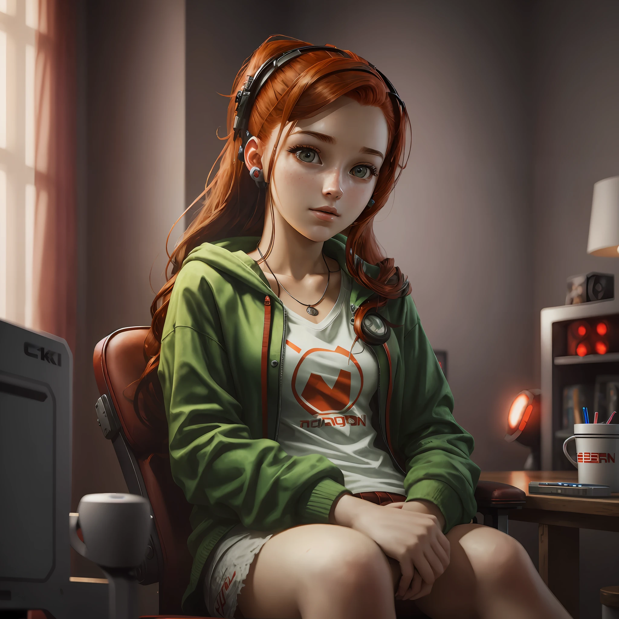 20 year old girl, sitting in the chair, in a gamer room red hair(point focused on girl( realistic photo) 4k(realistic)