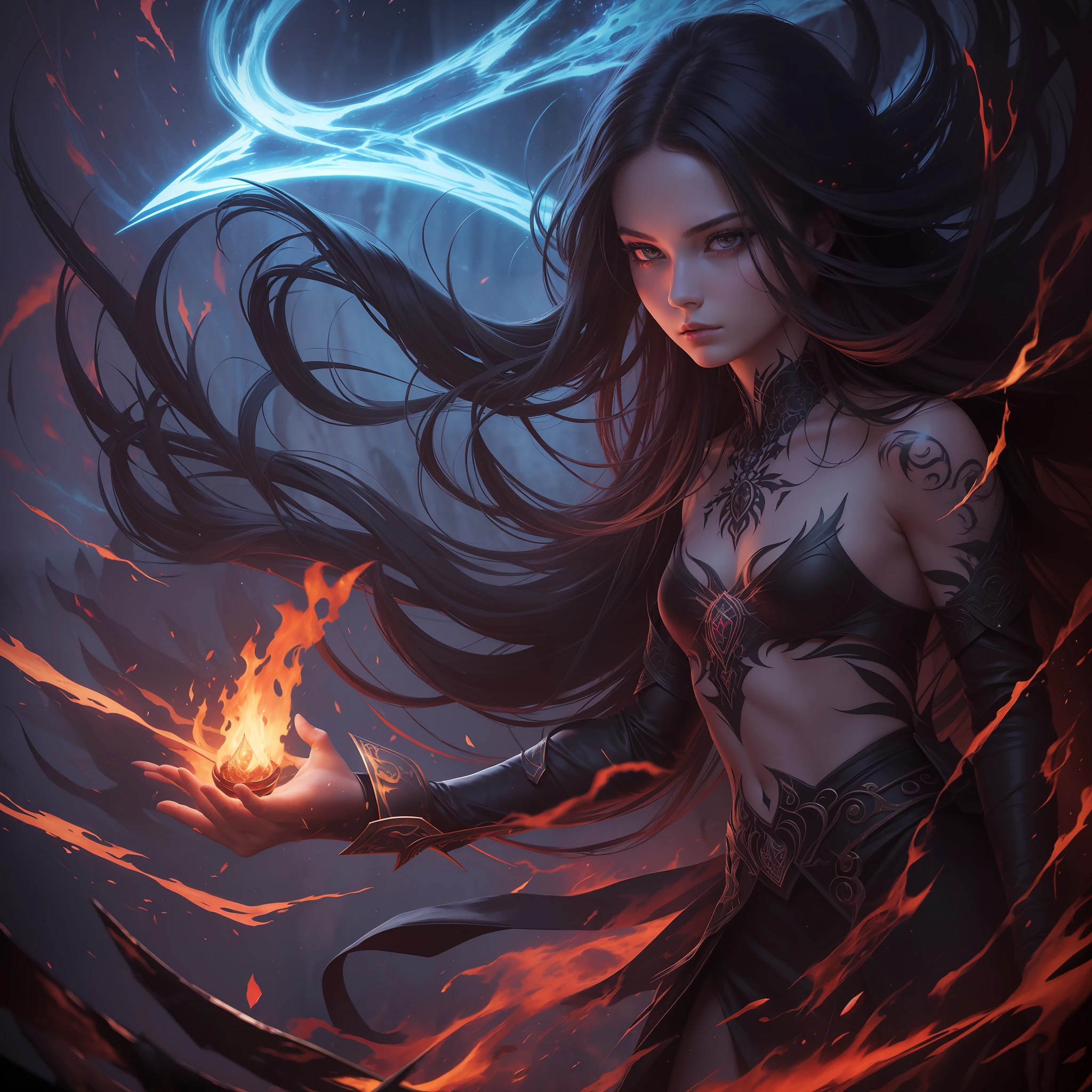 Dark Magic, (masterpiece, highest quality, best quality, formal art, beautiful and aesthetic: 1.2), (1girl: 1.3), solo, threat, rage, (young dark sorceress) extremely detailed, dynamic pose, abstract background, night fire blood splatter, tattoo, jewelry, hyperrealism