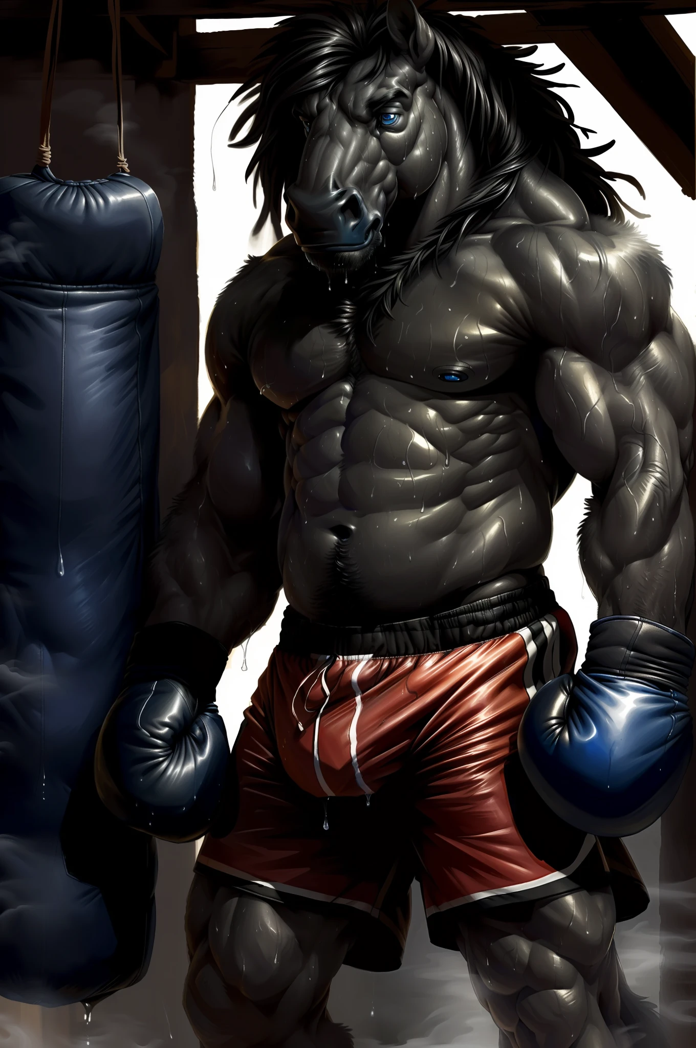 ((solo) full height), anthro horse male, (grey fur, black mane, darker nose and hands:1.5), ((equine tough face, big eyes, blue pupils, cute:1.3)), male, late fourties, athletic, abs, (veiny, ripped muscles, flat chubby stomach:1.3), (correct anatomy, heavy build, wide torso, small head:1.7), (realistic fur, detailed fur texture, dripping sweat:1.3), detailed bright background boxing ring, photorealistic, (boxing shorts, boxing gloves:1.3), (boner with outline:1.2), bare torso, hooves,(detailed clothing), hyperrealistic, ultradetailed, by kenket, natural lighting, (muscular, sweaty, wet, steaming exhausted:1.3), flexing, (sad, calm expression:1.2), dynamic (fighting:1.3) pose