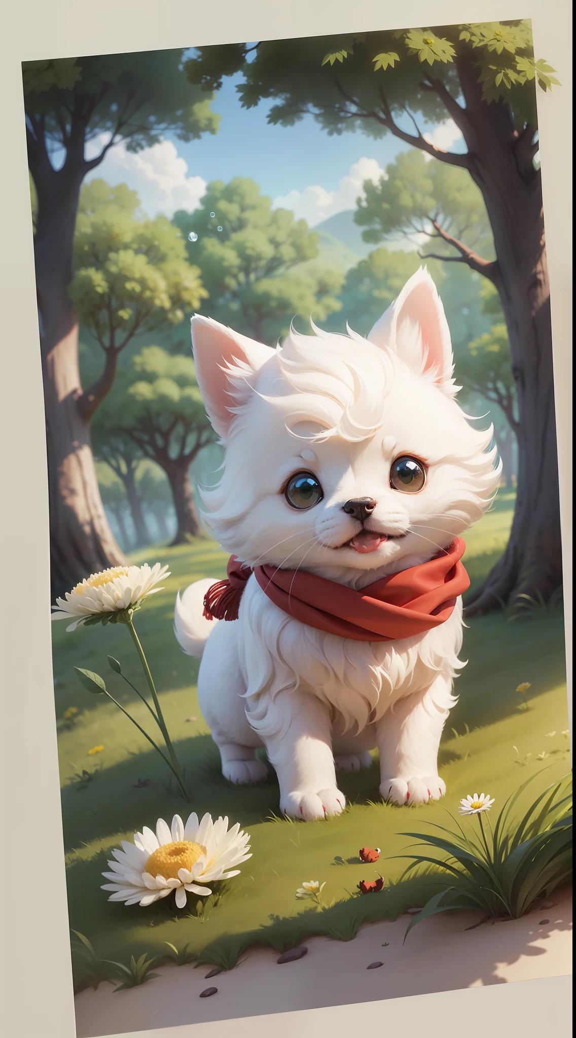 minimalist bookmark, minimalist style, chinese style, two cartoon puppies, short legs, cartoon cute, mini, with light red scarf, sitting together, scarf hanging cherry, cute white plush hat, cute, charming, cute detailed digital art, cute animals, cute 3d rendering, cute forest creature, cute cartoon, lying on grass, big tree, white chrysanthemum, green grass, soft grass, 4K, high quality, very detailed details, two legs, one background