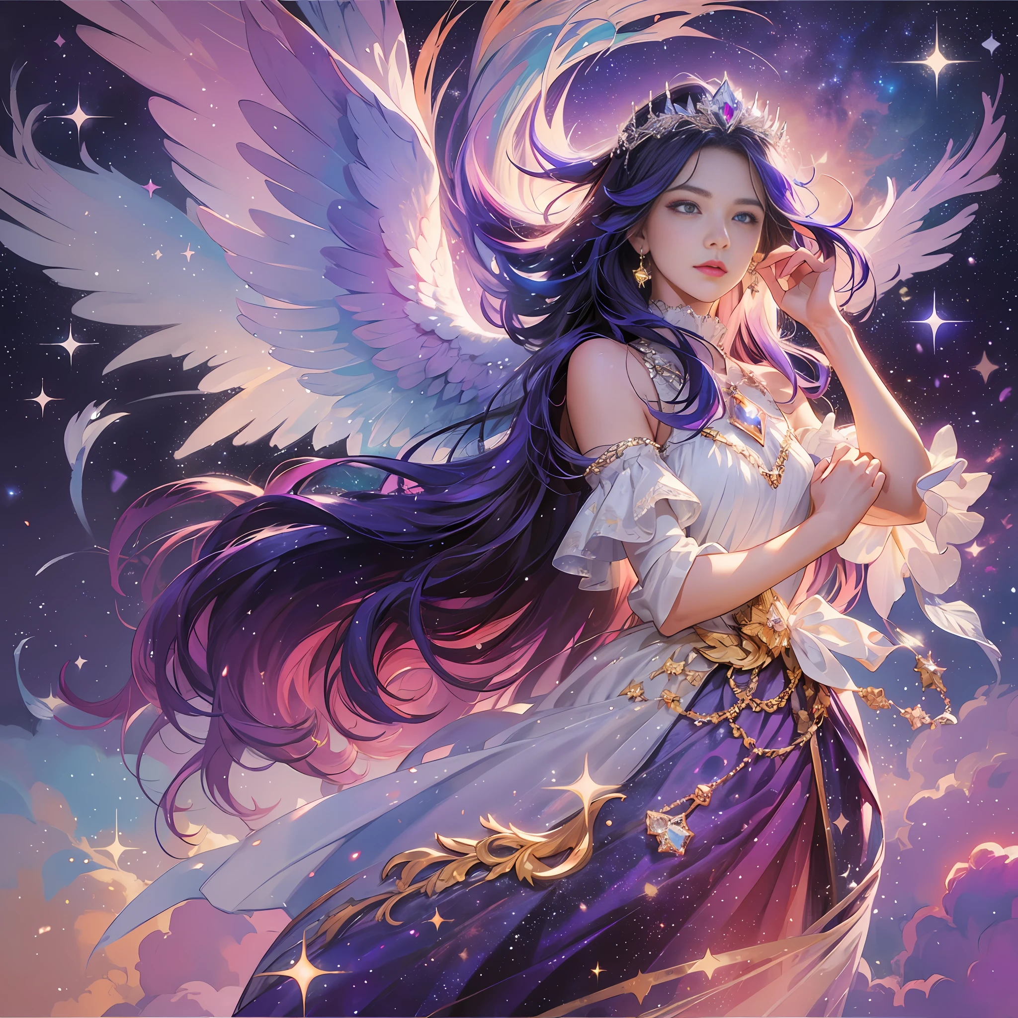 (Masterpiece, Top Quality, Best Quality, Extreme Detail, Best Detail, Official Art, Beauty and Aesthetics: 1.2), Colorful, Denim Lens, Beautiful Face, Solo, Perfect Body, (Above the Clouds in the Sky: 1.6), Fairy, Flowing Streamer, Sun Rays, Clouds, Full Body, Han Cloth, White Dress, Universe, Starry Sky, Night, Starry Sky, Jewelry, Dress Feathers, Angel Wings, Light Particles, Volume Lighting, Ray Tracing, (Flowing Streamer: 1.1), (Fantasy Novel: 1.2), Illuminator, Stars, Fantasy, High Contrast, Ink Strokes, Overexposed, Impressions of Purple and Red tones, Abstract, (Watercolor by John Burkey and Jeremiman), Brush Strokes, Crystal Sorcerer, Crystal Glass Sphere on the Hand, Magnificent Ethereal Atmosphere, Updraft, Crystal Crown