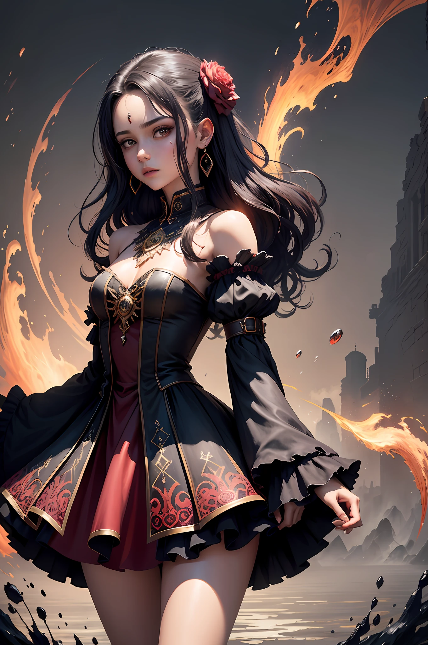 Magic, (masterpiece, highest quality, best quality, official art, beautiful and aesthetic: 1.2), (1girl: 1.3), threat, rage, (young dark sorceress) extremely detailed, (fractal art: 1.1), (ash flowers: 1.3), highest detailed, (zentangle: 1.2), (dynamic pose), (abstract background of blood and monsters: 1.3), (blood, bloody whirlwind, blood spray: 1.4), (jewelry, earrings), (fire, water: 1.5)
