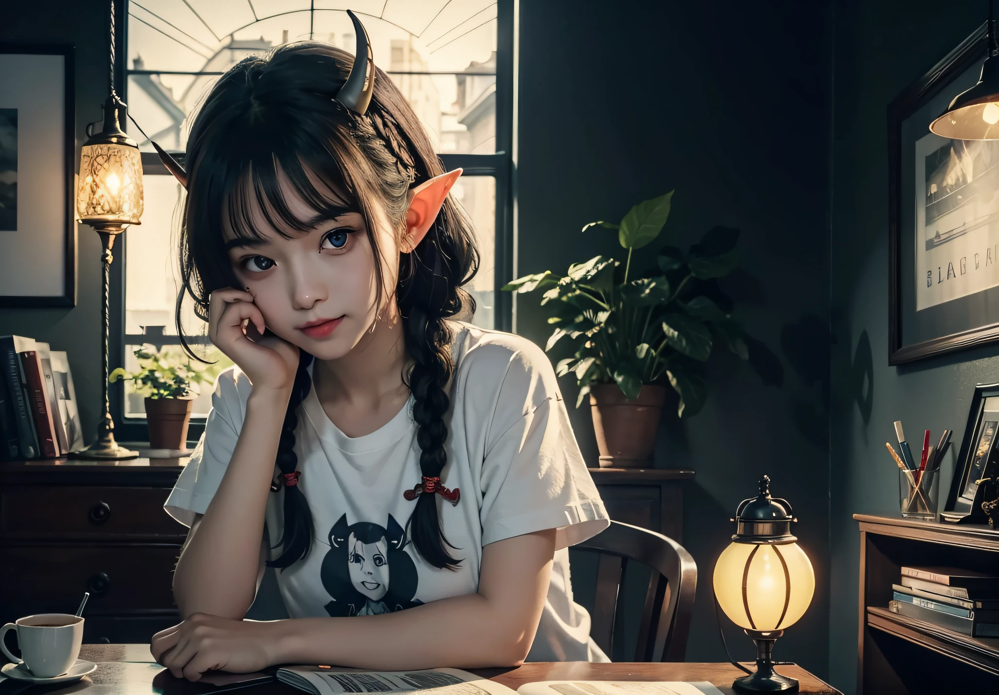 solo,(Bestquality:1.4 pcs),(a masterpiece:1.3 pcs),solo,(churches,night、,wintertime,Yellow light,desk lamp,Place your elbows on the table,jasmine,Dark hair,braids,Blue Eyes,Elf ears,Red fur coat,2 demon horns:1.3 pcs),solo,(Lovely interior,detailed interiors,Coffee fee,books,indoors,Lovely interior:1.3 pcs),Young girls,Wide white T-shirt,Black eyes,(Jewel-like pupils:1.3 pcs),(Clear face,Support your face with your hands),gazing upon,Serious gaze,smiled,adorable girl,fluffy hair, Cute doll