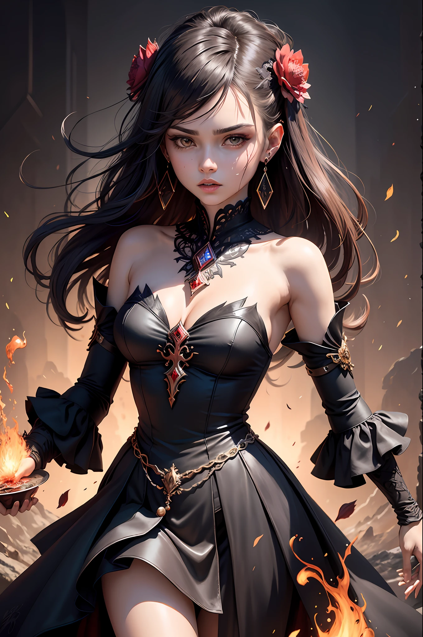 Magic, (masterpiece, highest quality, best quality, formal art, beautiful and aesthetic: 1.2), (1girl: 1.3), threat, rage, (young dark sorceress) extremely detailed, (fractal art: 1.1), (ash flowers: 1.3), highest detailed, (zentangle: 1.2), (dynamic pose), (abstract background: 1.3), (bloody whirlwind, blood spray: 1.4), (jewelry, earrings), (fire, water: 1.5)