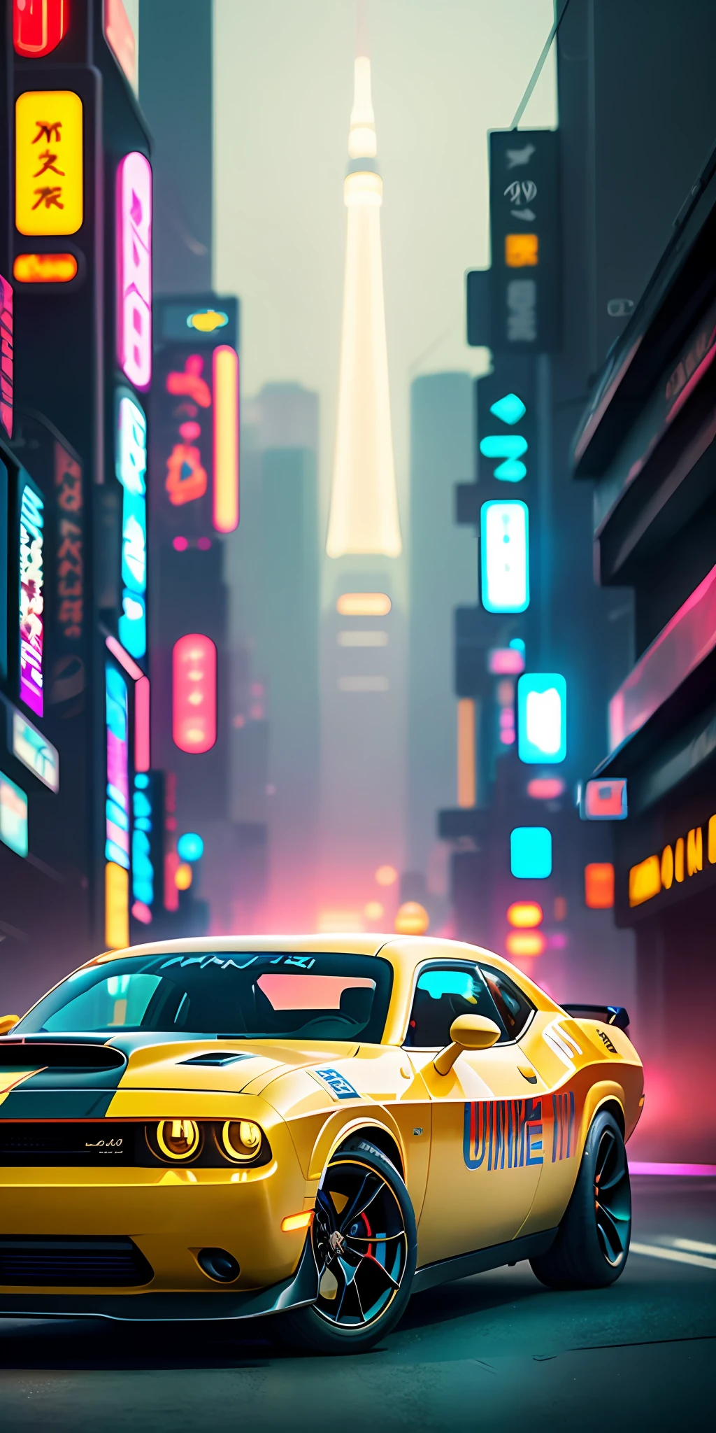 poster, High detail RAW color art, animation, airbrushing dodge challenger street racing, nitro acceleration, night neon Tokyo, sexy girls, (((ultradetaled))), ((cyberPunk)), light trail from high-speed driving, ((magical atmosphere)), wide screen, wallpaper 4k, smoke from under the wheels, tokyo drift, streaks of light, raytracing, subsurface scattering, diffused soft lighting, shallow depth of field, by (Oliver Wetter), by Stanley Kubrick, photographed on a Canon EOS R5, 180mm lens, F/2.8, ((sharp focus bokeh))