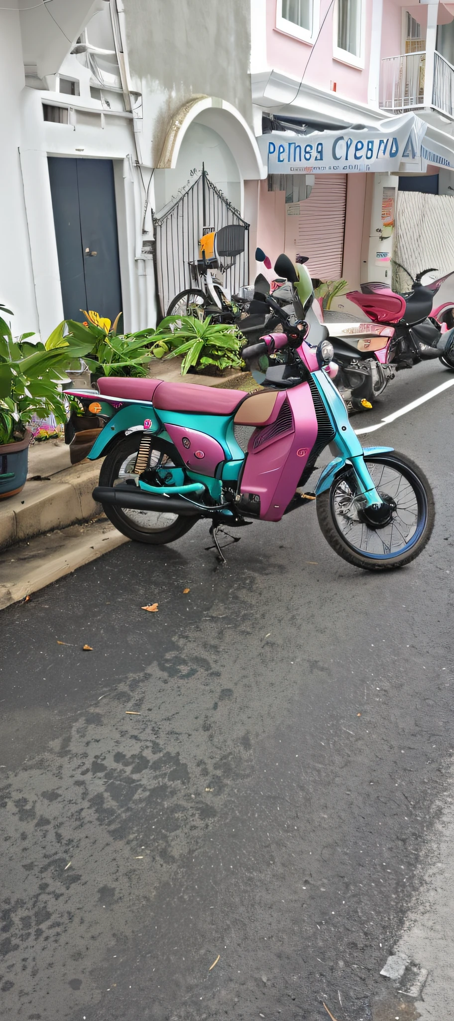 there is a pink and blue motorcycle parked on the side of the road, moped, nice colors, custom scooter, lots of pastel colour, motorcycle, looks smart, mauve and cyan, motorbike, ah puch, very nice pastel colors, pink white turquoise, turquoise pink and green, cyan and magenta, in retro colors