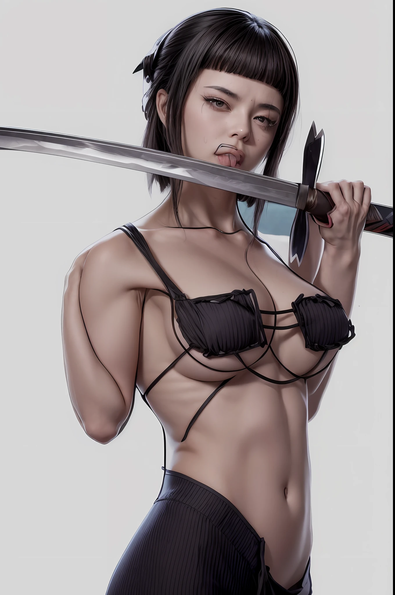 anime girl in a bikini holding a knife and a knife in her hand, unsheathing her katana, she is holding a katana sword, she is holding a sword, katana, katanas strapped to her back, practising her sword staces, holding a sword on her shoulder, long sword in her hand, posing with a sword, with large sword